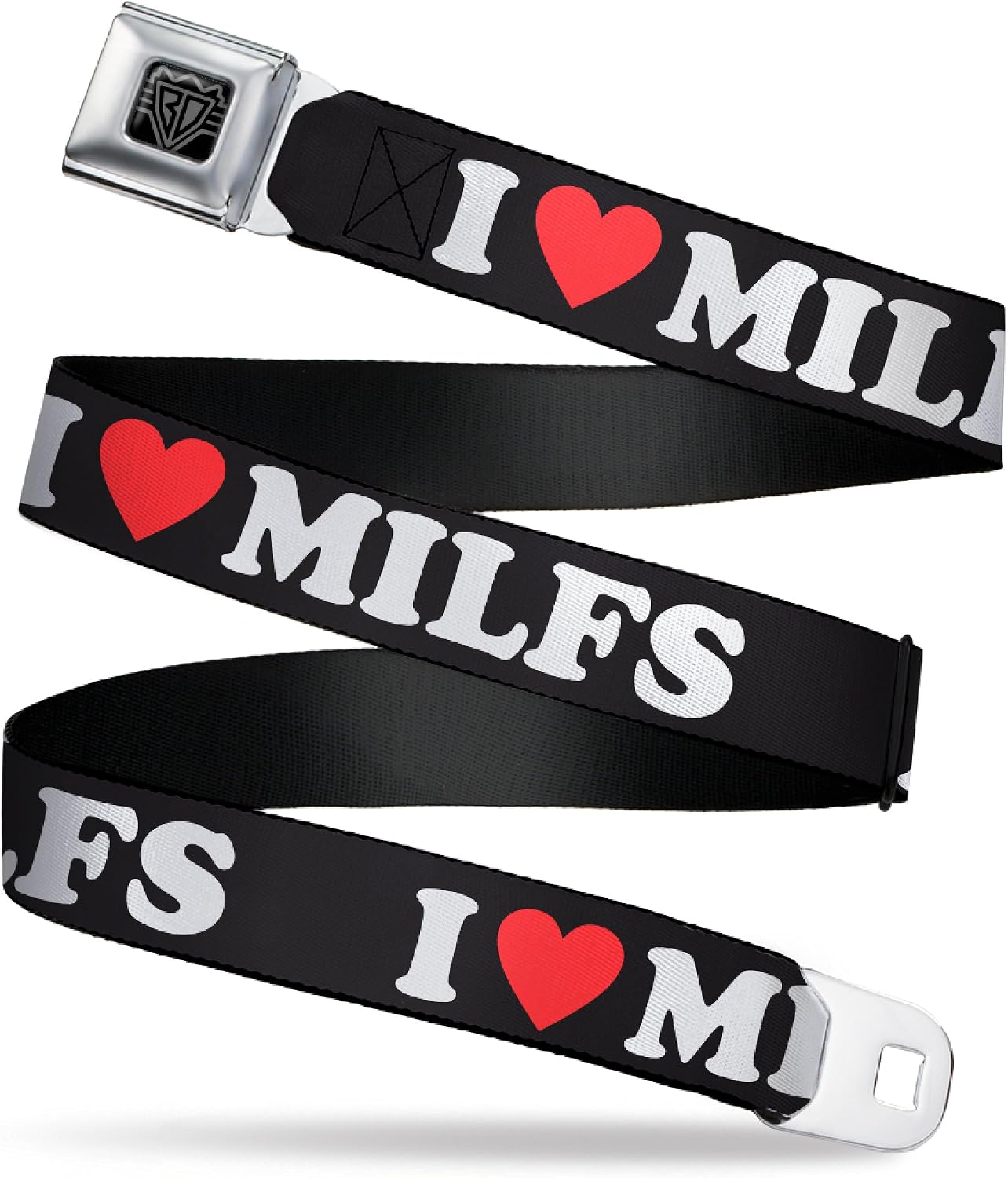 Buckle-Down Belt, Seatbelt Buckle Belt, I Heart MILFS Black White Red, Adjustable