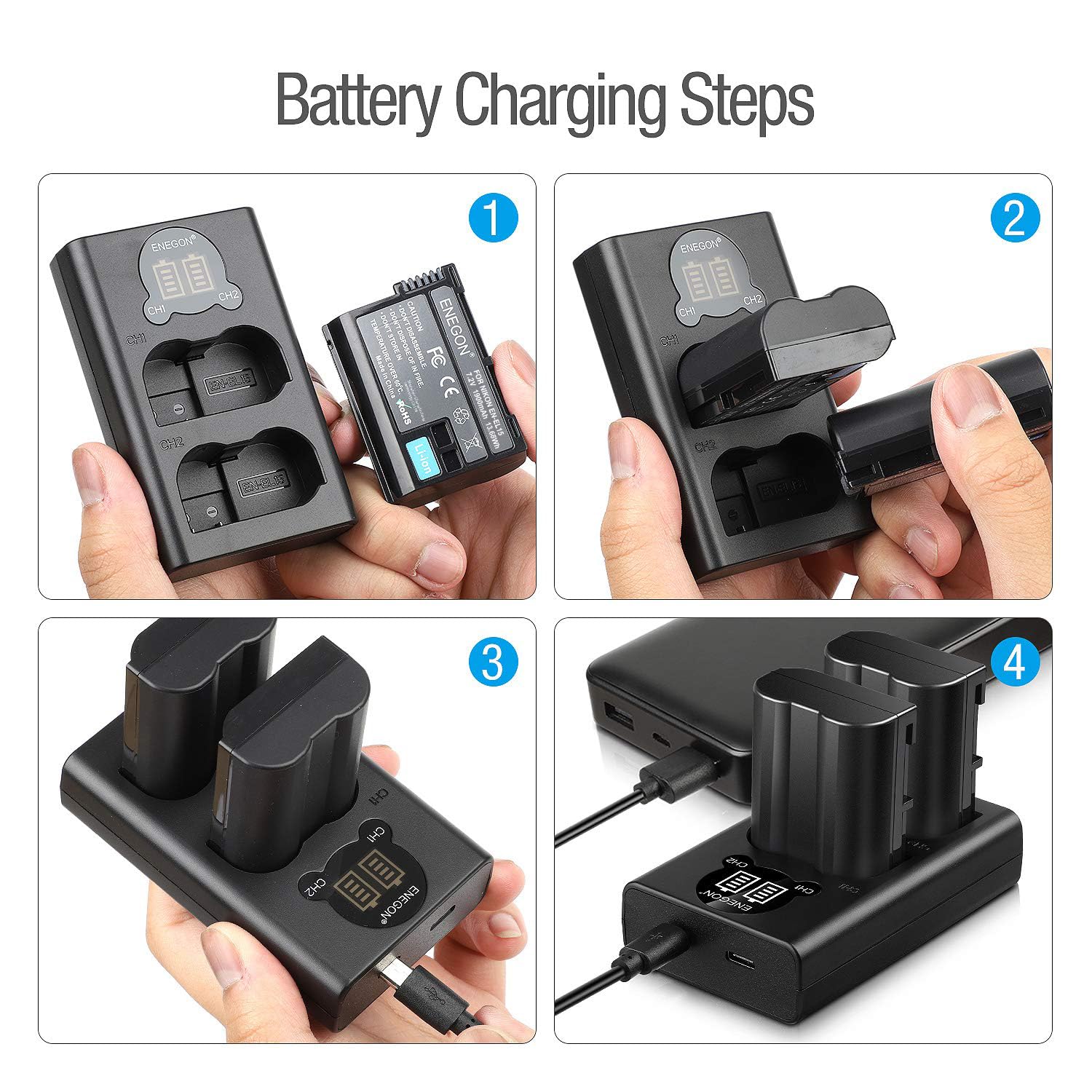 ENEGON EN-EL15 /EL15C Akku (2 Stück) und Smart LED Dual USB Ladegerät für Nikon ZF Z6,Z7 Z8 D7500 D7000, D7100, D7200 D500, D600, D610, D750,D780 D800, D810, D800E, D810A,D850
