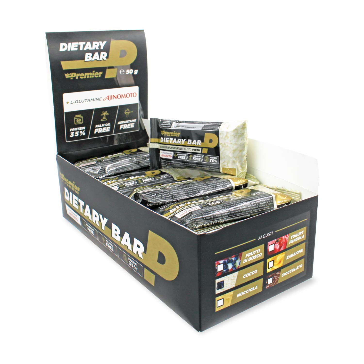 Premier Integratori Barrette Proteiche da 24 x 50g | Snack Proteico 35% Proteine con L-Glutammina Ajinomoto - Senza olio di palma (Cocco)