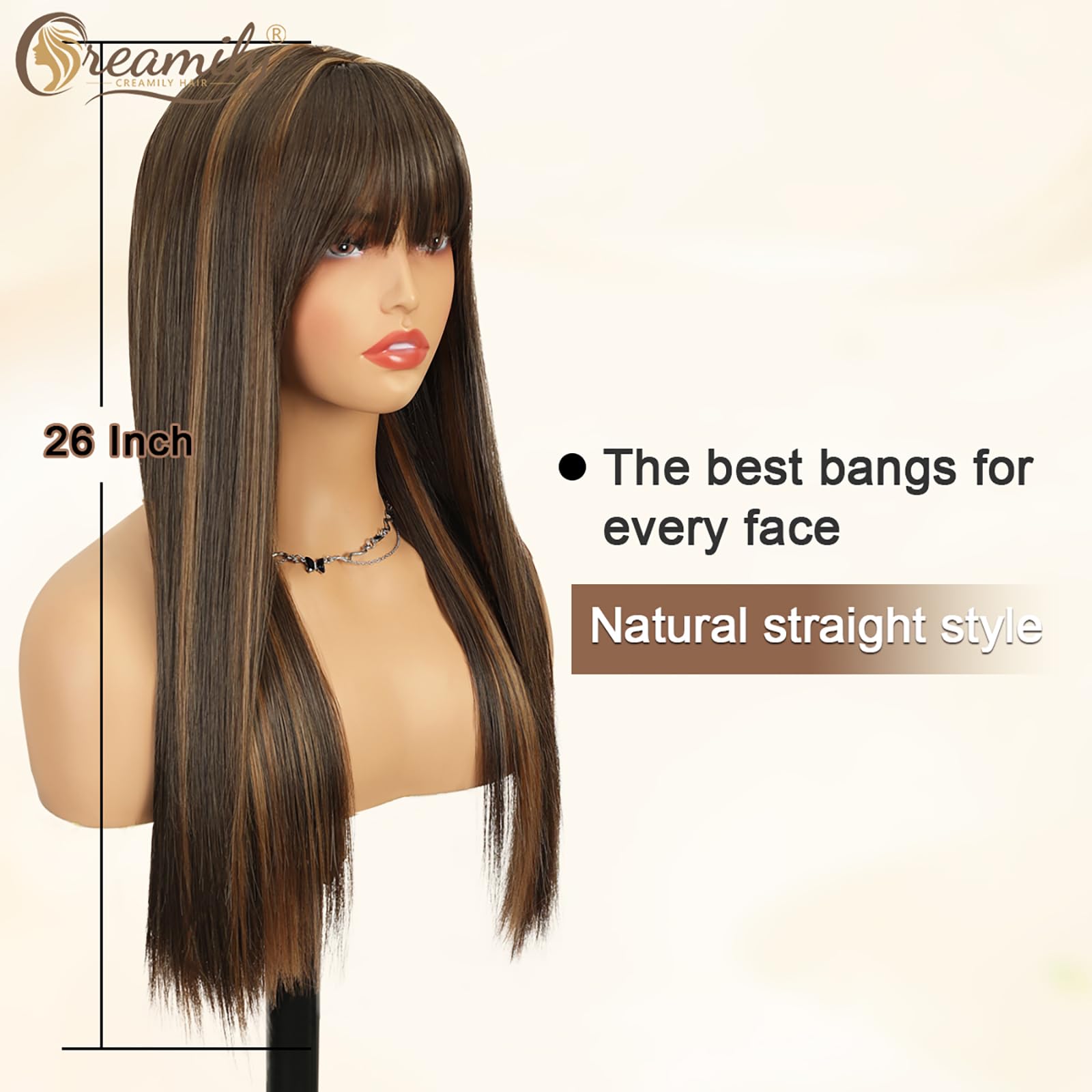 Creamily Long Brown Wig with Bangs for Women Straight Synthetic Wig with Bangs Heat Resistant Layered Natural Looking Wigs for Daily Party Use 26 Inch (Deep Brown with Caramel Highlights) - Image 3