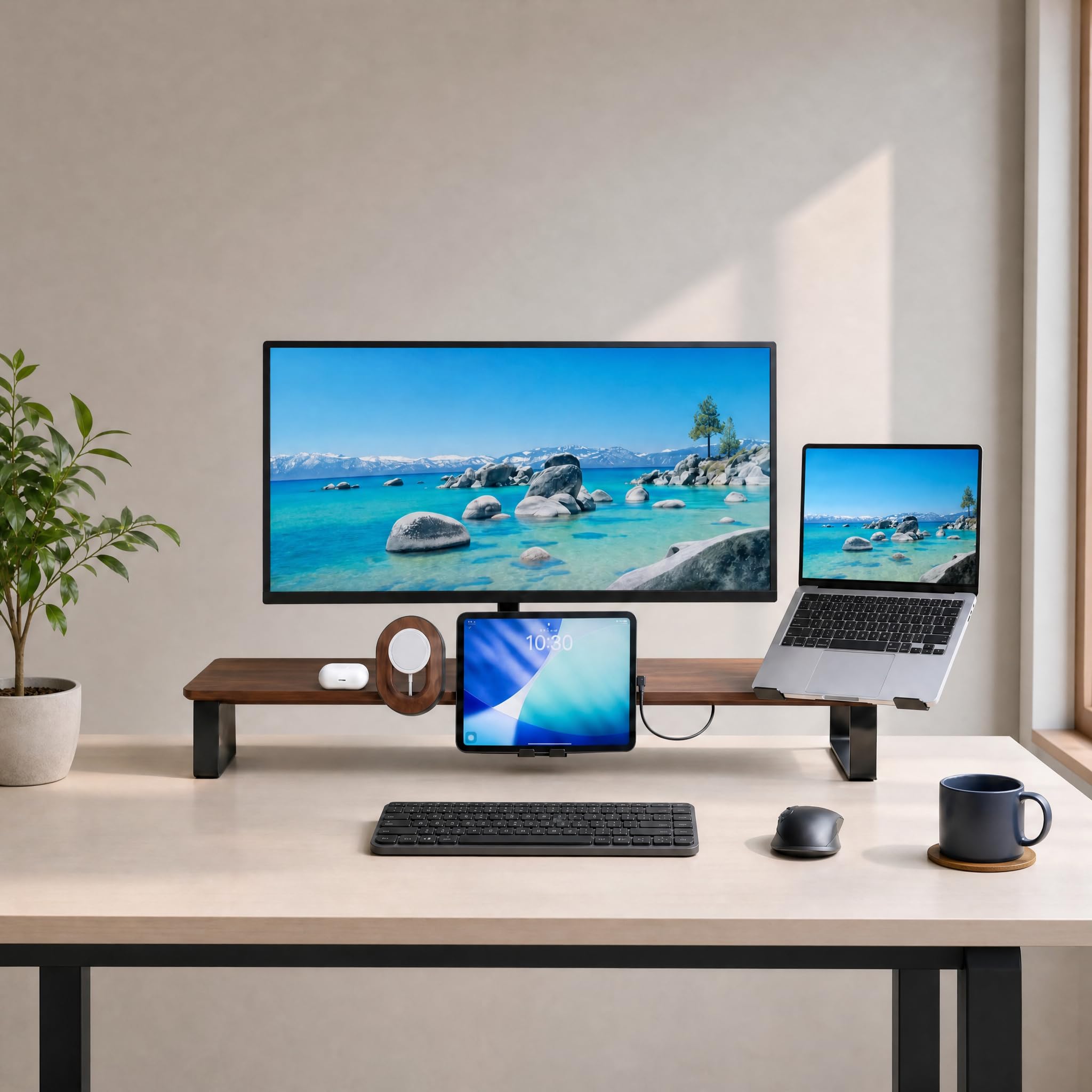 Monitorständer Desk Shelf 100 cm Walnuss | Monitorerhöhung Holz mit modularem Schienensystem | Schreibtisch-Organizer für kompakte Setups