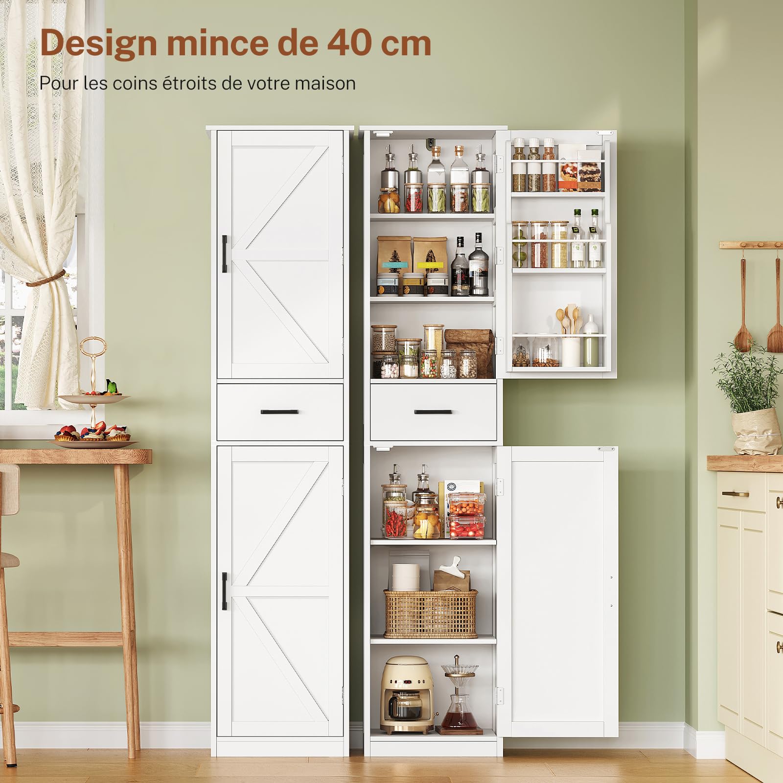 TEENFON Colonne de Cuisine 40 cm, Armoire Haute Étroite Rangement, Meuble Colonne avec 1 Tiroir et Étagères Réglables, Buffet Haut pour Cuisine, Salle à Manger, Blanc 40x30x170 cm