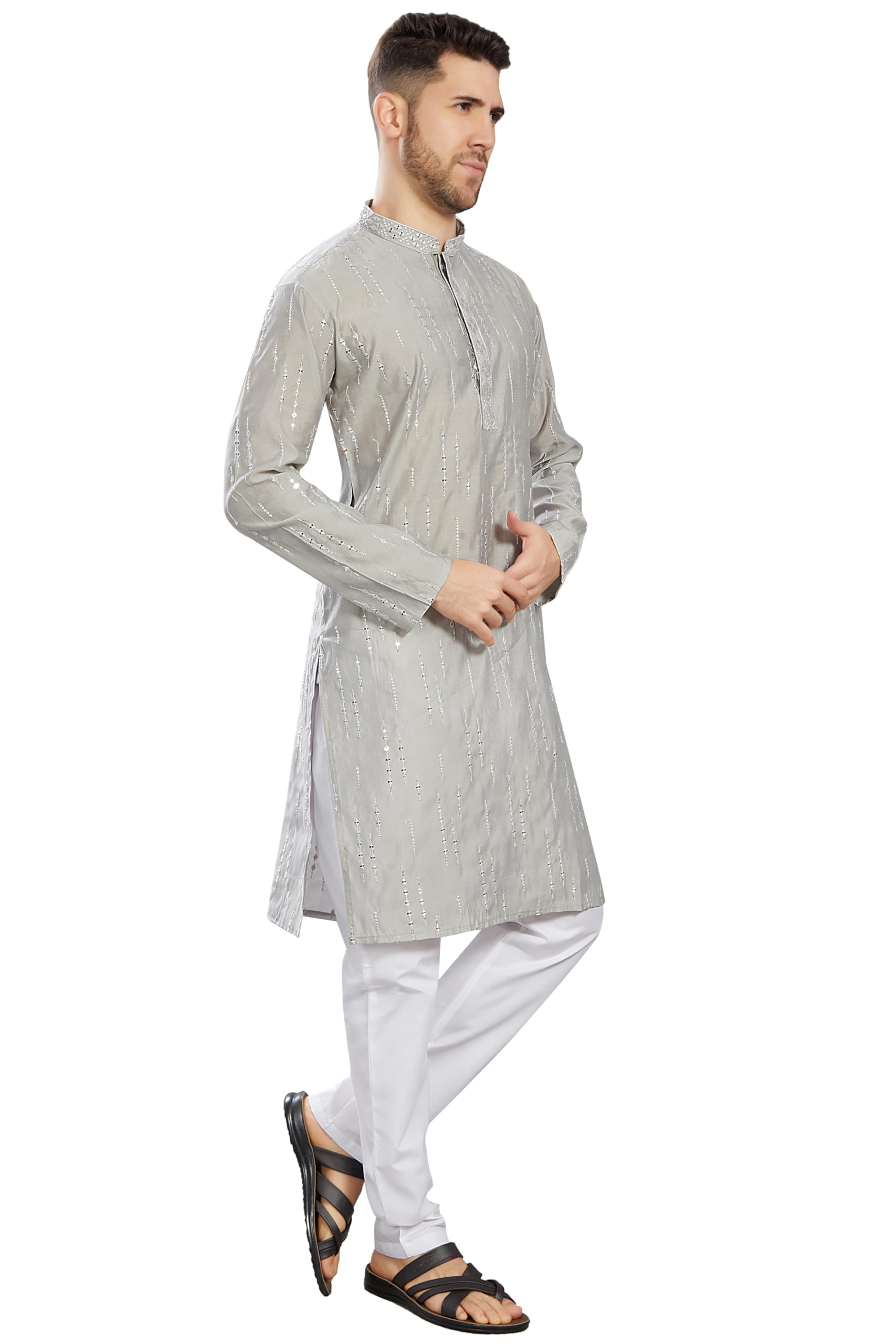 Divisive Men's Mirror Embroidered Silk Blend Only Slim Fit Kurta (Dkrt812_Xl_Grey)