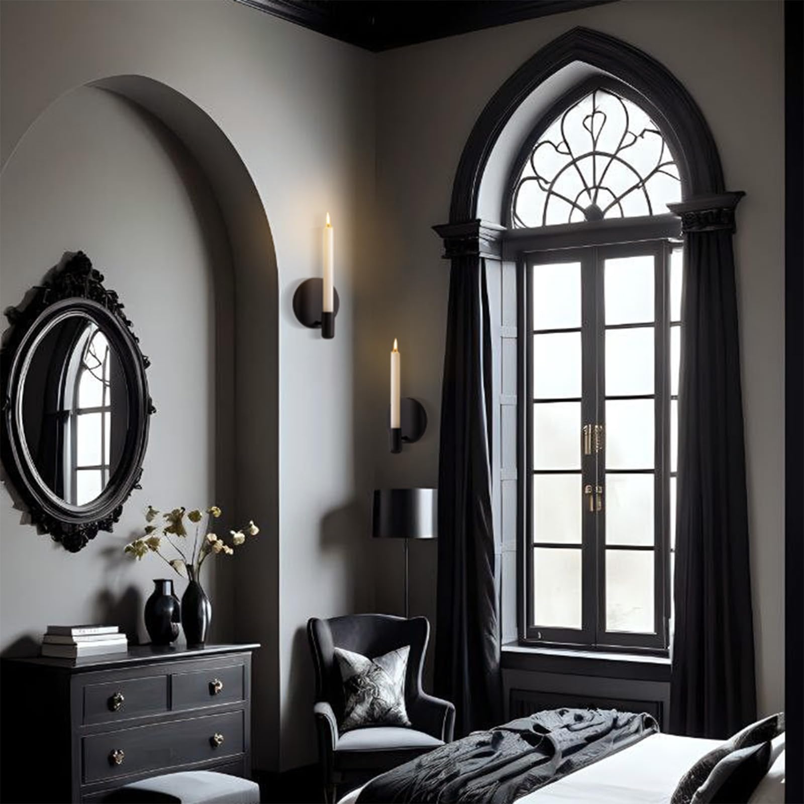 Set di 2 portacandele da parete, in metallo, colore nero opaco, per candele a bacchetta