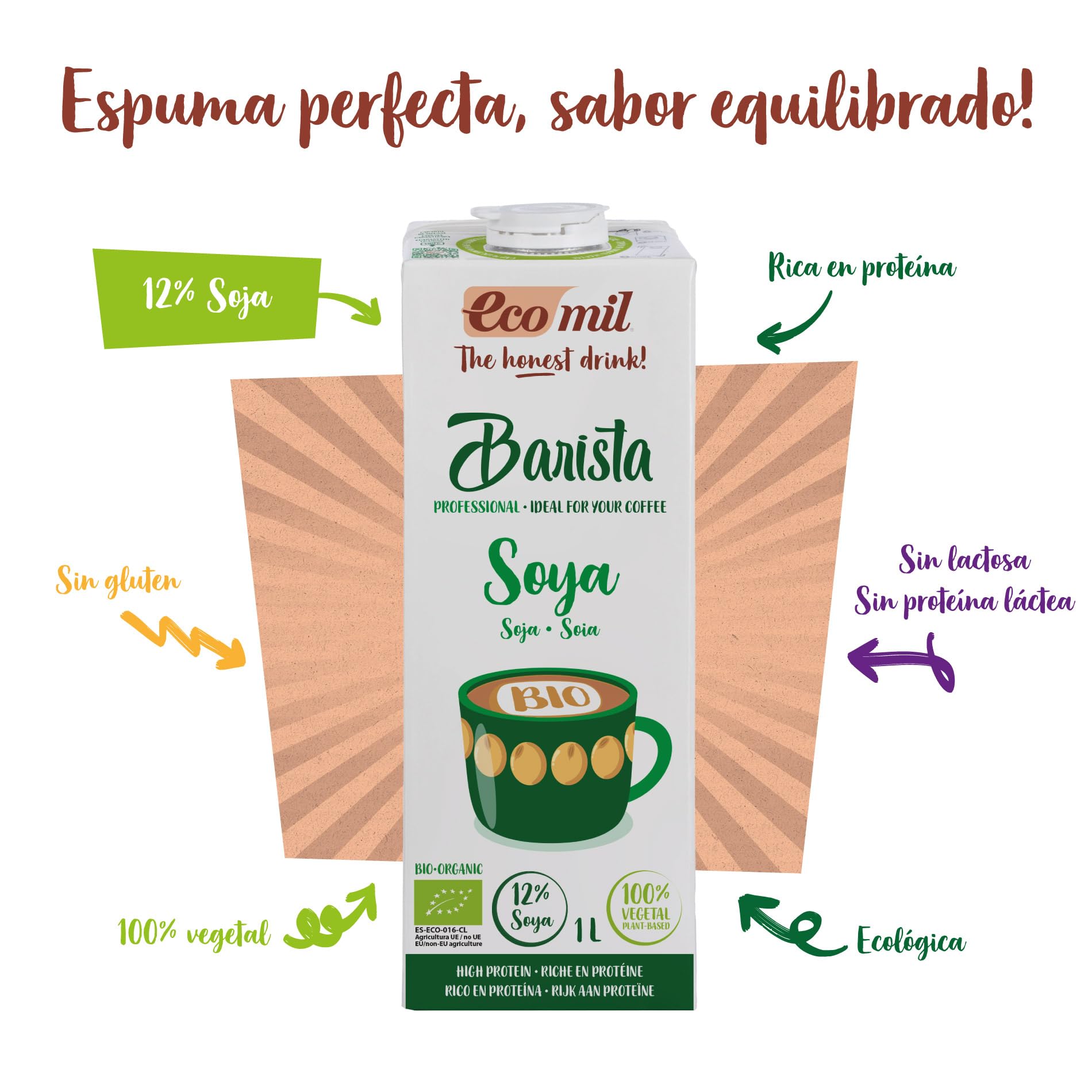 Ecomil - Bebida Vegetal de Soja Barista Bio, Pack 6 x 1 L, Sin Lactosa, Ecológica, Vegana, Bajo en Azúcares, Espuma Perfecta, Sabrosa, Ideal para Cafés