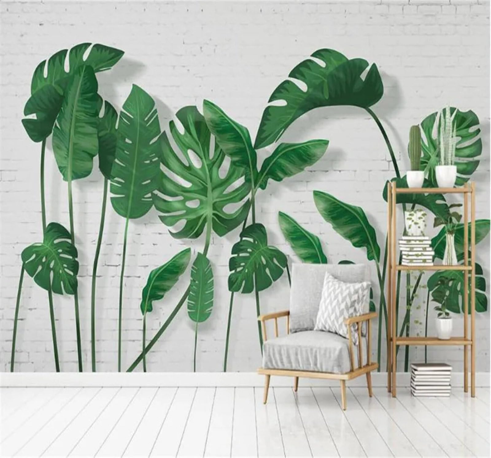 Tzxztt Minimalist Fresh Tropical Leaves Brick Wall Modern 3D Wallpaper Premium Textured Silk Neutral Tones Material Ideal for Living Room Bedroom-150cm×105cm