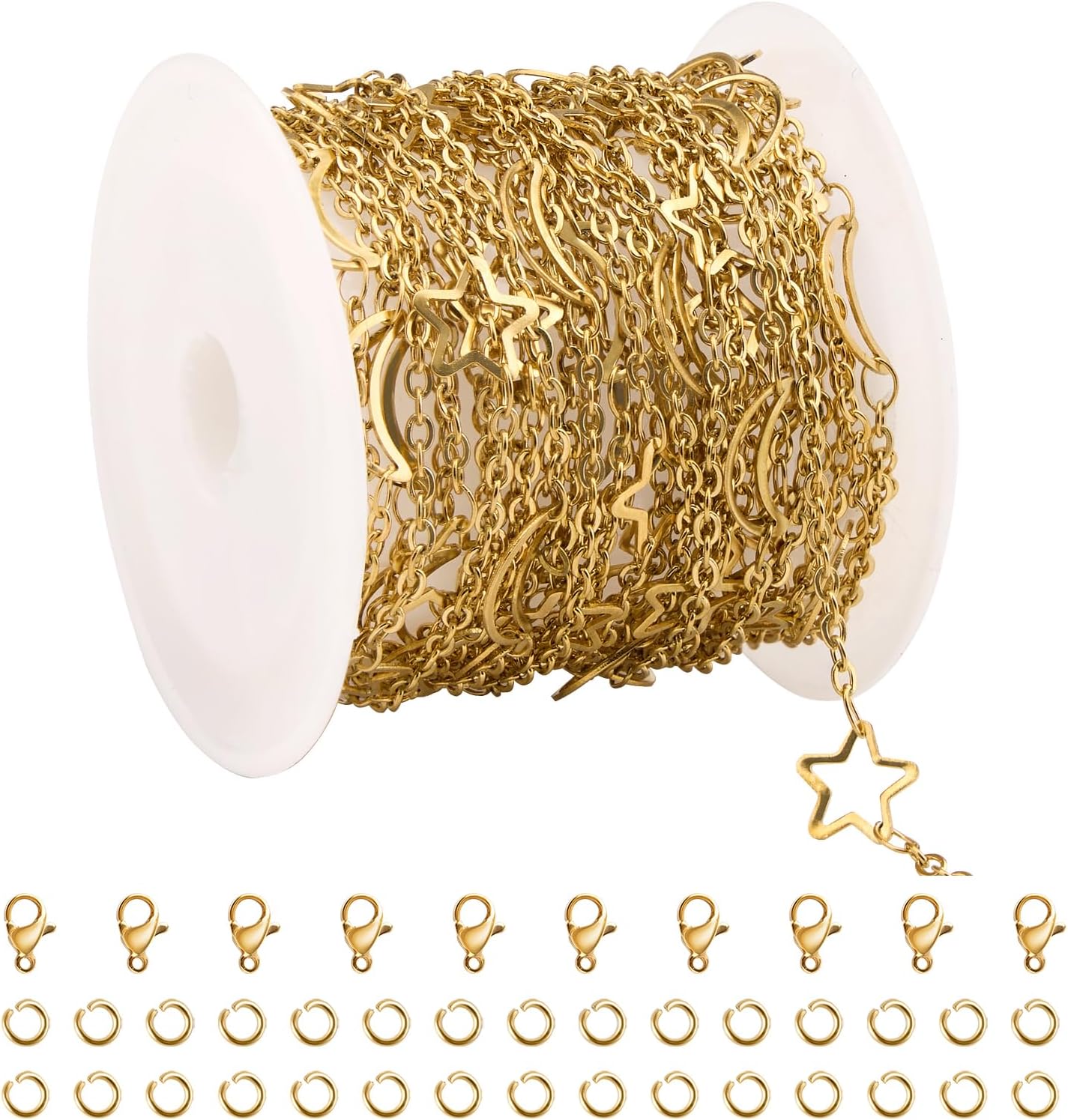 UMAOKANG 16.4 Feet Gold Moon Star Chain for Jewelry Making Stainless Steel Bulk Chains on Spool with Jewelry Accessories