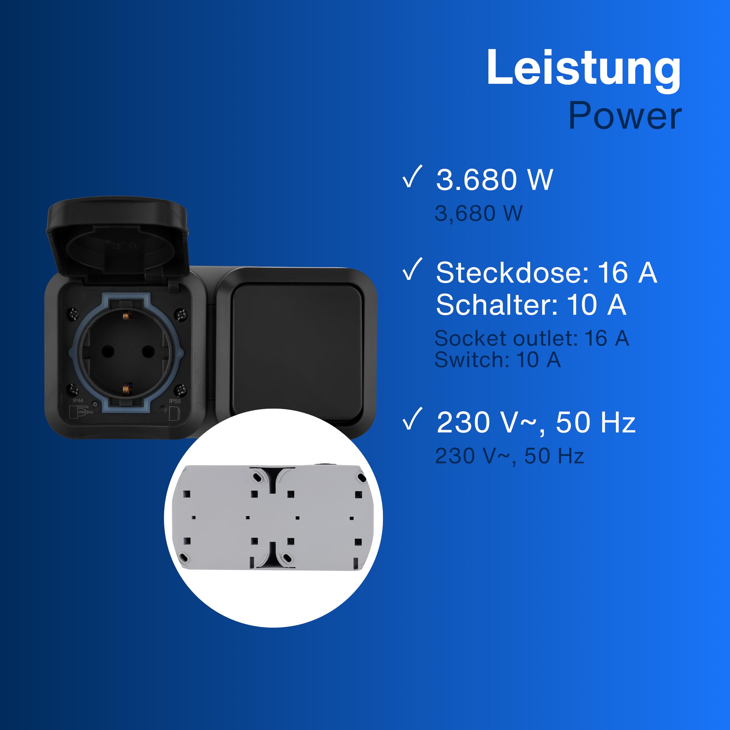 REV AquaStorm zestaw 5 x gniazdko elektryczne z włącznikiem światła – do wilgotnych pomieszczeń, natynkowe, IP55, poziome, 230 V, 16 A, antracytowe