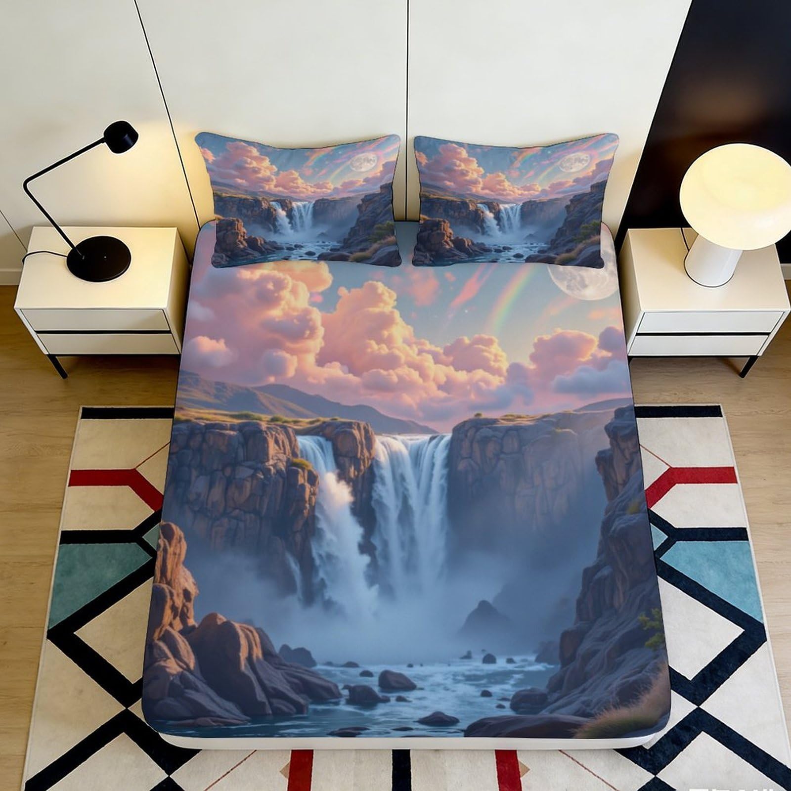 3D Printed Waterfall Sunset Fitted Sheet Microfiber Non-Slip Mattress Cover Rainbow Cloud Decor for Bedroom Guest Room 140x200x25cm
