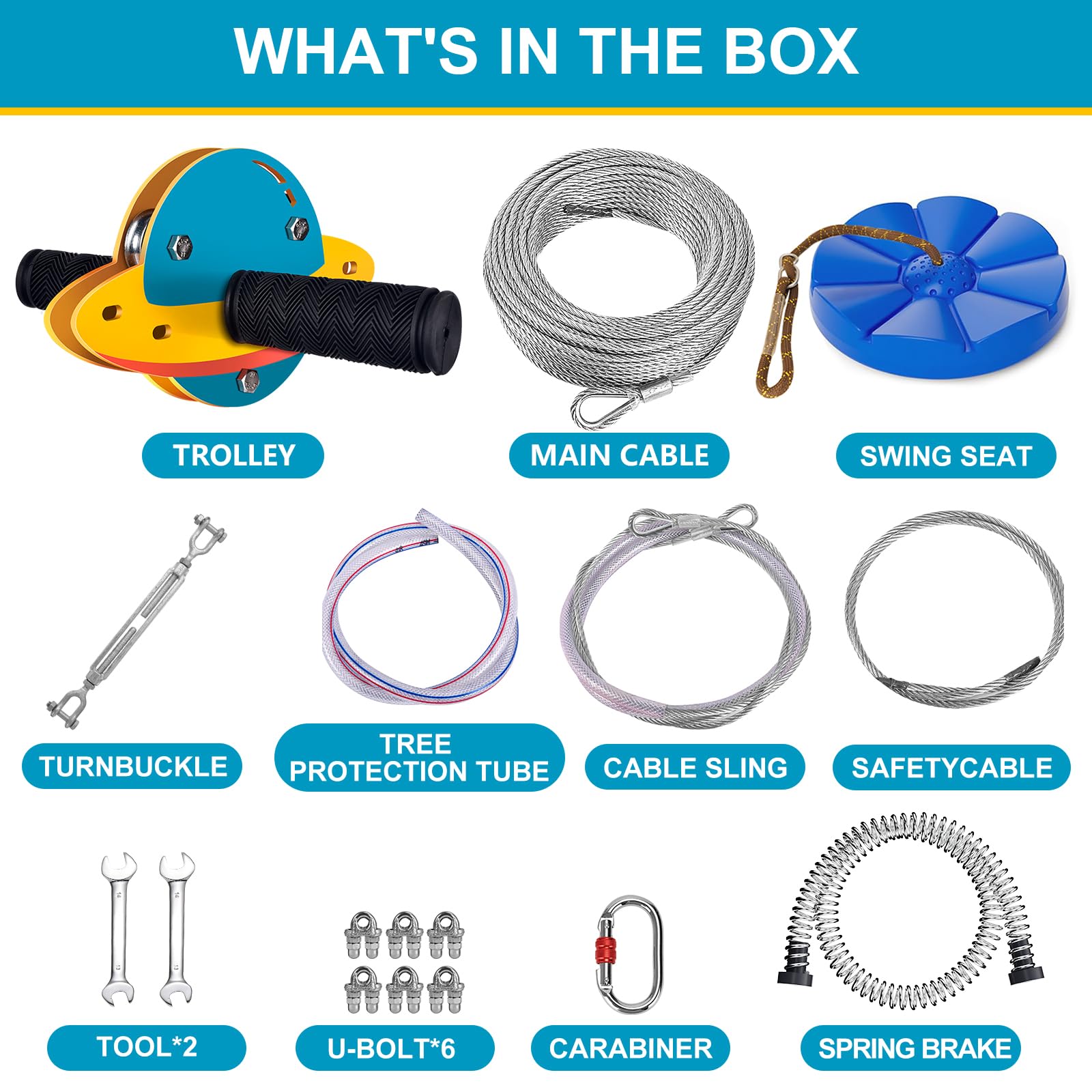 Kit de tyrolienne ZEROMX pour enfants et adultes en extérieur, chariot UFO de 23/30/37/46 m pour jardin, jusqu'à 159 kg, siège de balançoire inclus, frein en acier inoxydable et câble de sécurité pour