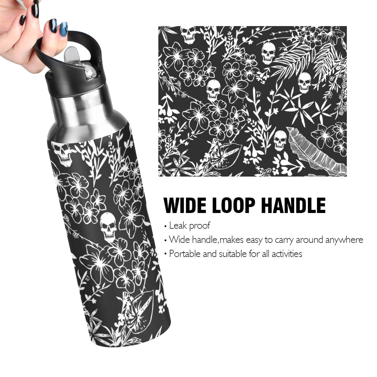 Edelstahl Wasserflasche mit Strohhalm, Blättern und Totenköpfen Isolierte Trinkflasche Sport Wasserflasche für Kinder Erwachsene, auslaufsicher, 1L