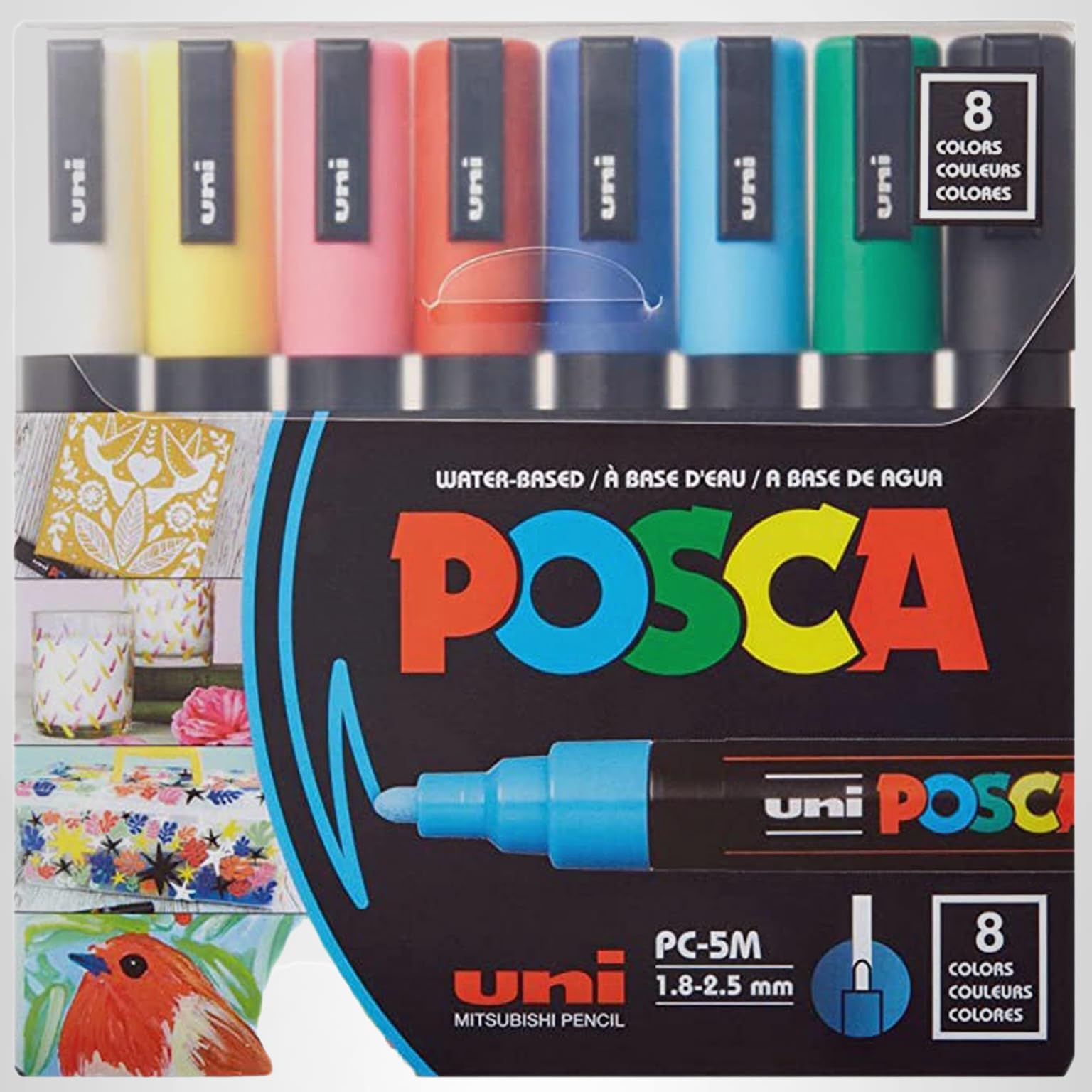Posca Paint Markers, 5M Medium Acrylic Markers with Reversible Tips, Artist Recommended For Gifts, Fabric, Metal, Glass, Wood and Canvas, Assorted Colors, Set of 8