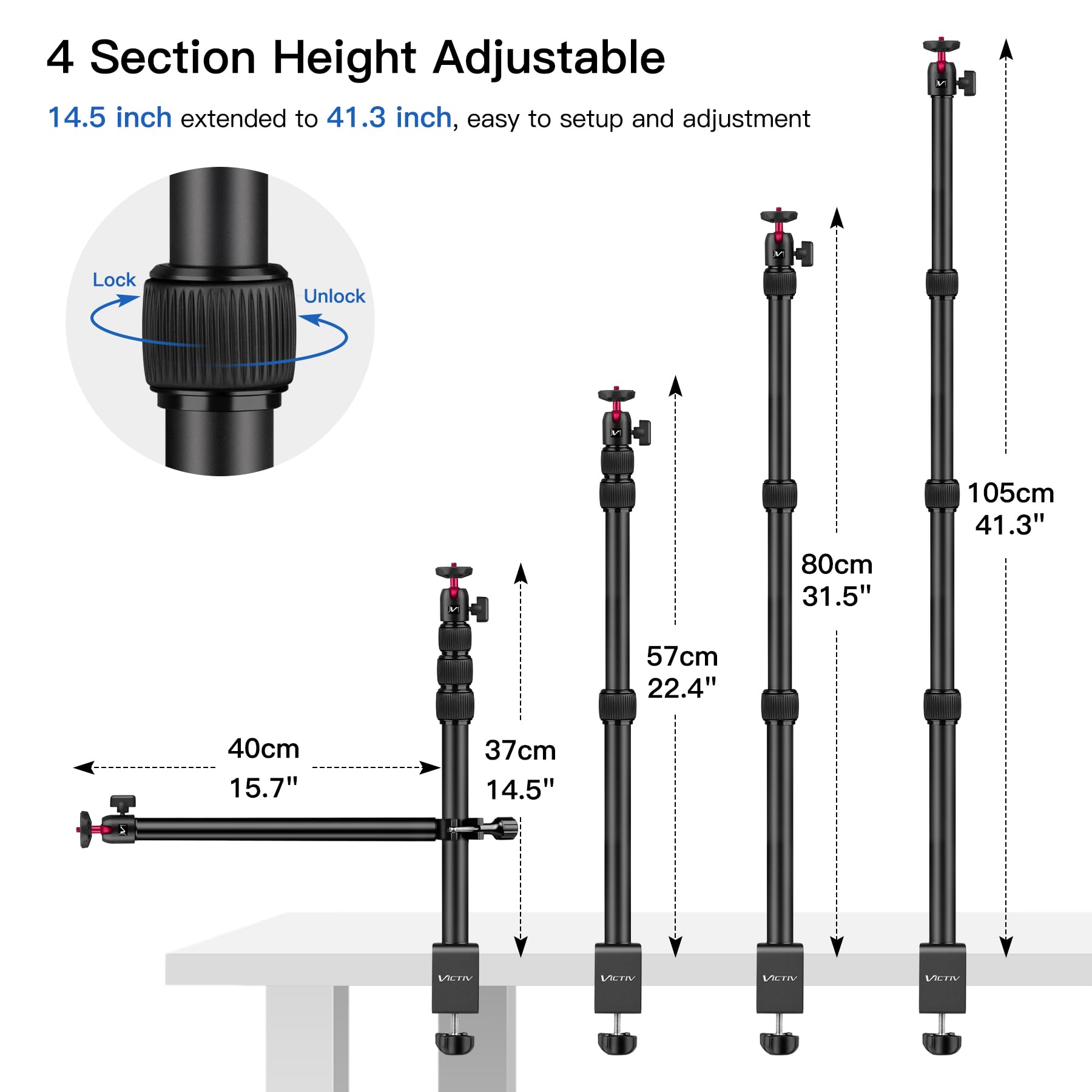 Victiv Kamera Tischhalterung, 37cm-105cm Kamera Tischstativ für DSLR Canon, Lichtstativ Klemmstativ mit Flexibler Arm & 1/4" Kugelkopf für Kameras, LED-Licht, Webcam, Handy Tisch Stativ für Smartphone