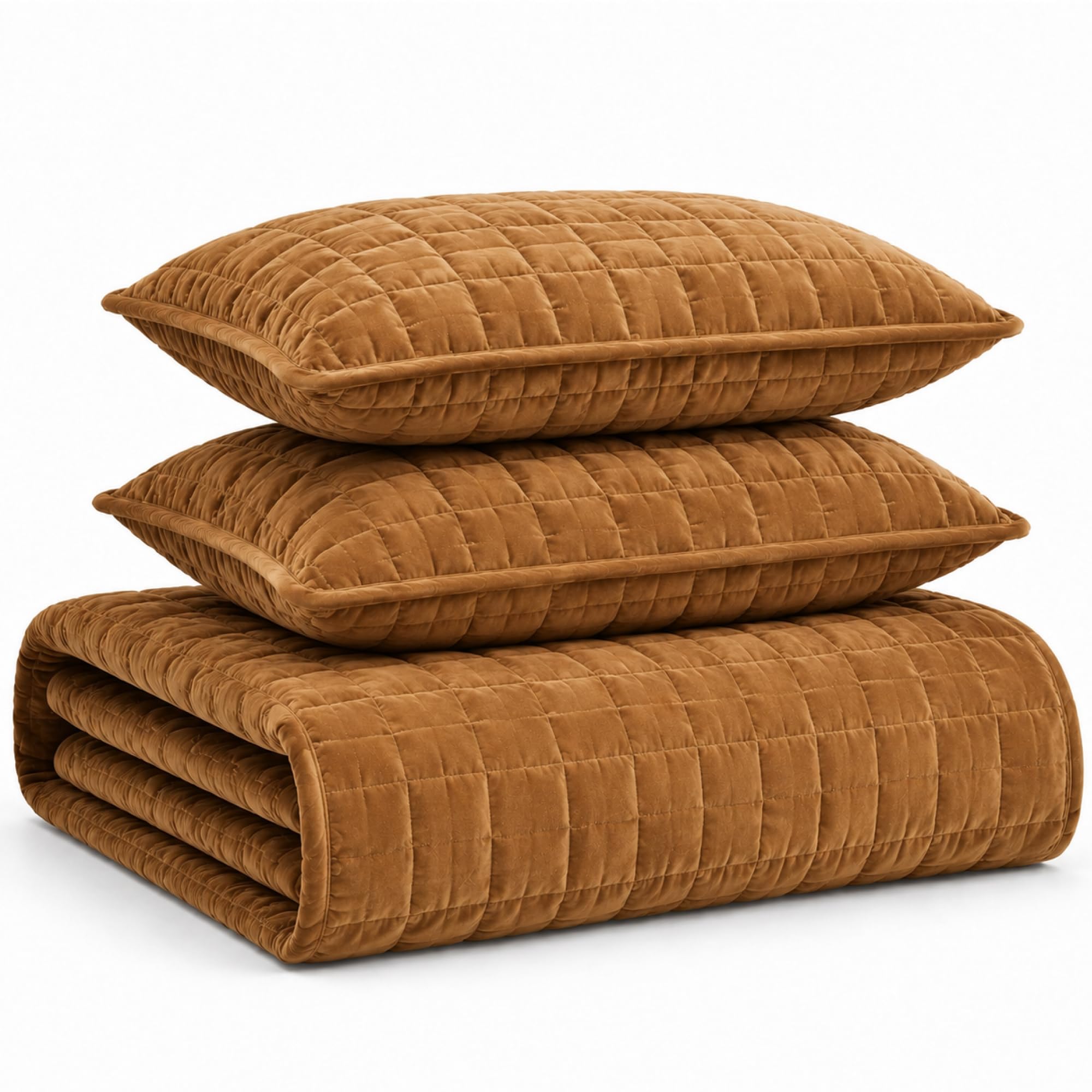 Tribeca Living Velvet Queen Quilt Set, Three-Piece Box Stitch Bedding, Includes Oversized Quilt & Two Shams, 260GSM Super Soft Velvet, Camel