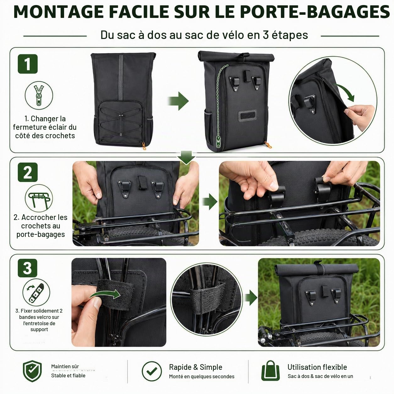 AUMTISC Sacoche Vélo Porte Bagages 3 en 1, Sac à Dos Vélo Étanche 28L pour Homme et Femme, Sacoche Ordinateur Portable avec Bandoulière Amovible, Idéal pour Trajet Quotidien, Cyclisme et Randonnée
