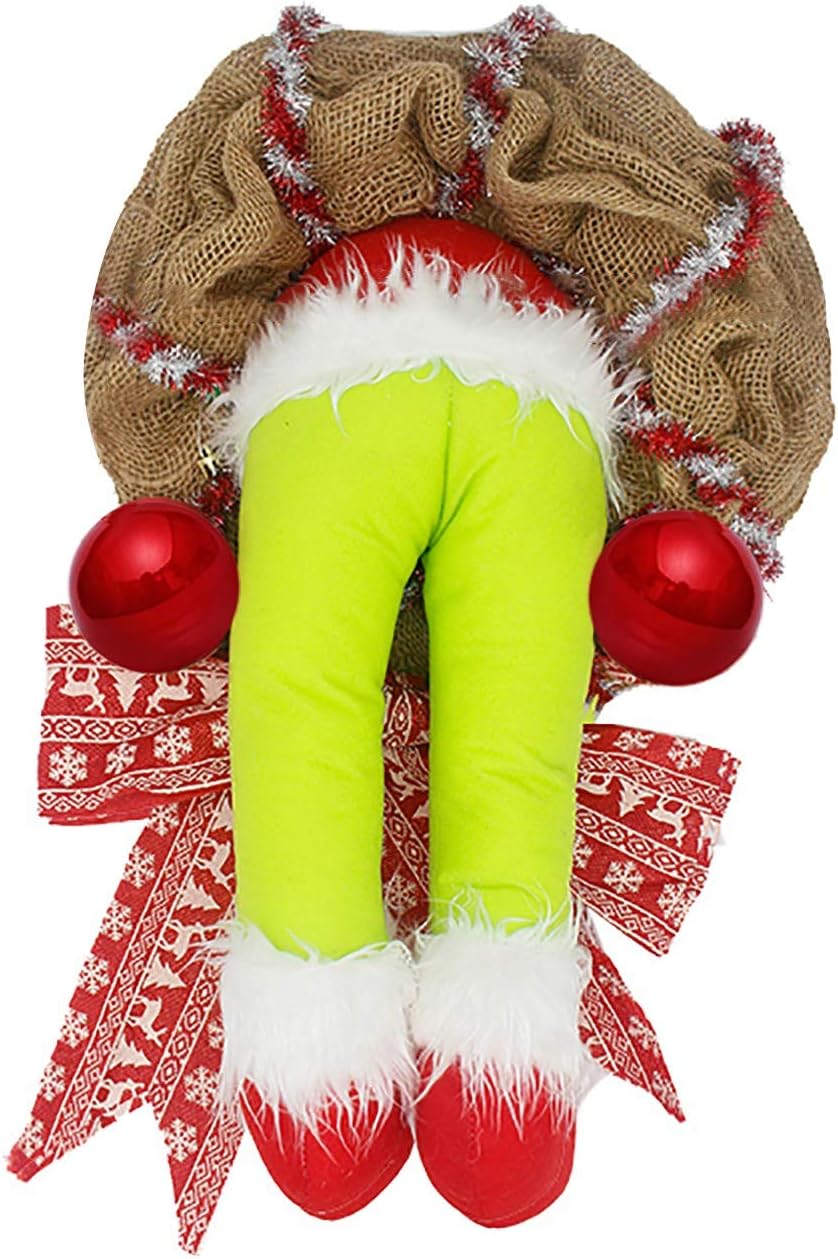 baohooya Christmas Wreath, Christmas Thief Stole Christmas Burlap Wreath, Christmas Grinch Burlap Wreath with Pose able Plush Legs, for Christmas & Thanksgivings Indoor Decoration (16in)