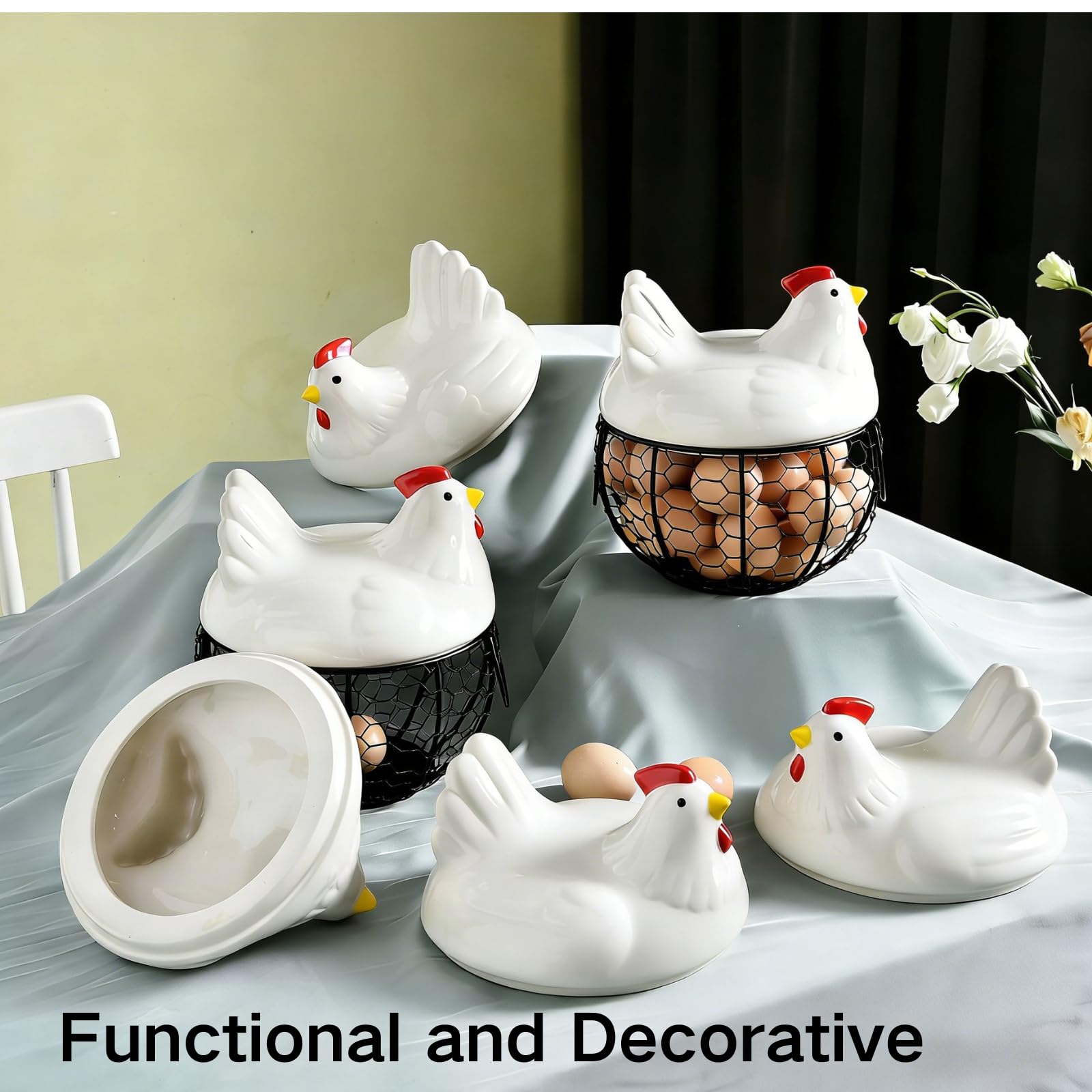 Cesta de cerámica para huevos para 15 huevos, estuche organizador, almacenamiento de hierro para cocina, cocina, verduras, frutas, decoración de gallina, ideal para el hogar y restaurante