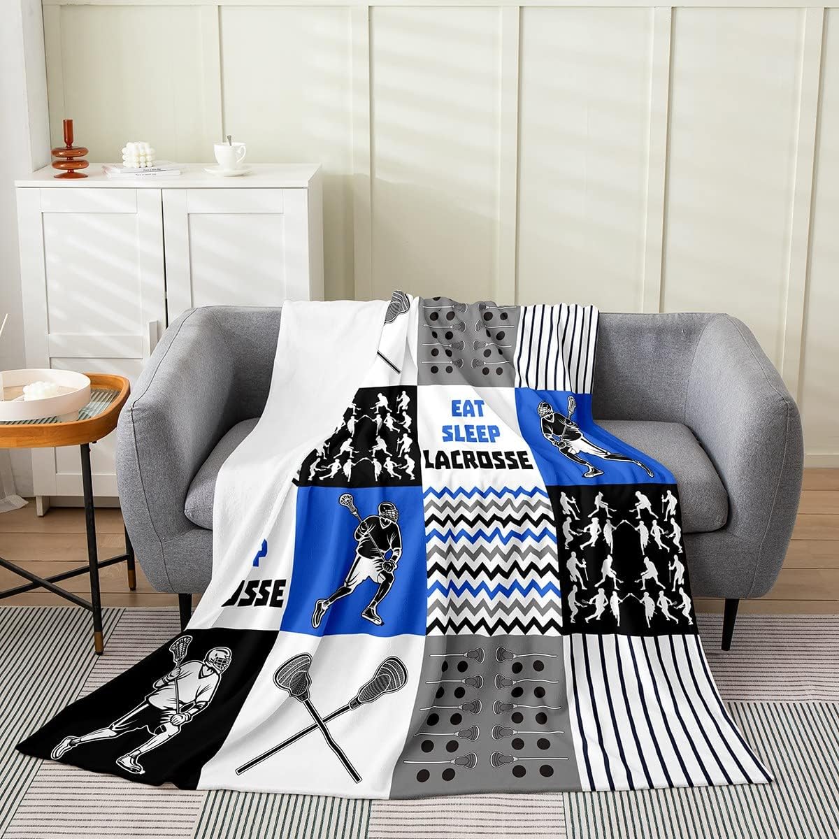 Erosebridal Lacrosse Blanket for Kids Boys Girls,Grey Blue Eat Sleep