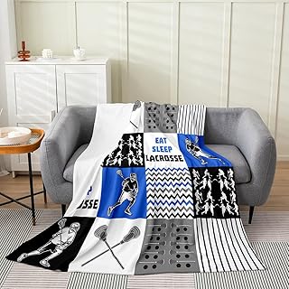 Erosebridal Lacrosse Blanket for Kids Boys Girls,Grey Blue Eat Sleep Lacrosse Throw Blanket for Sofa,Lacrosse Player Stick Fleece Blanket Twin 60x80,Sports Buffalo Plaid Plush Bed Blanket All Season