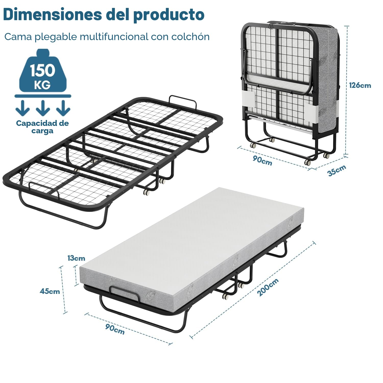 Daromigo Cama plegable de 90 x 200 cm, colchón 13 cm, individual metálica 4 ruedas, 150 kg, dormitorio/salón