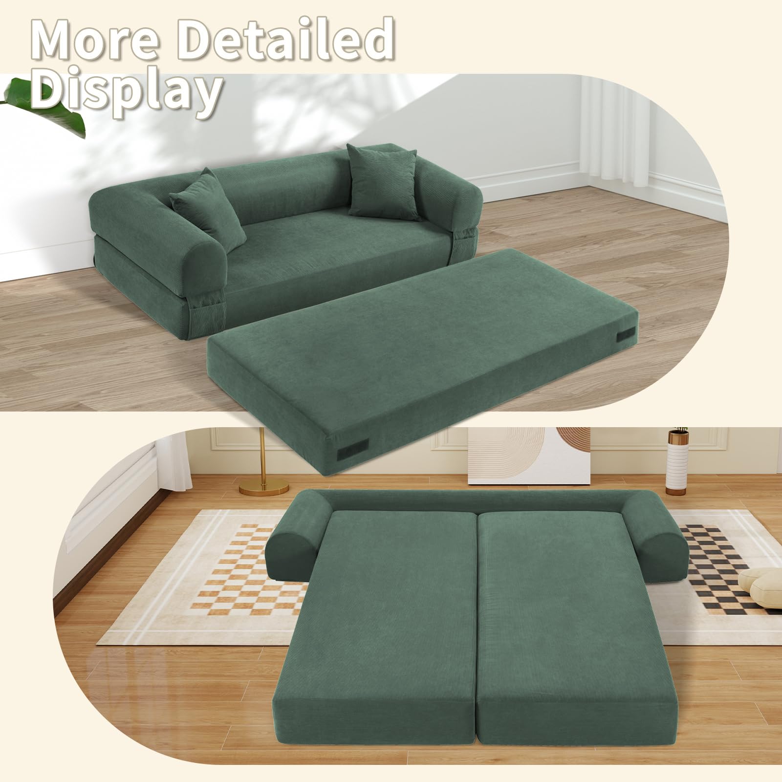 Cabrio Schlafsofa, Cord-Klappcouch mit Zylinderkissen, einfacher Transport, Bodensofa-in-a-Box, tiefer Sitz, Slish Green Wohnzimmerfell, kein Aufblasen erforderlich