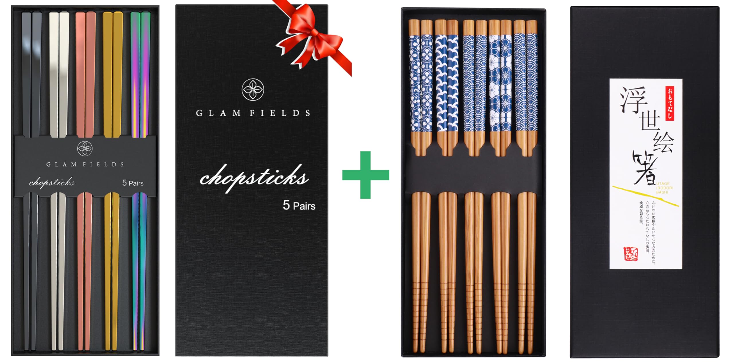 GLAMFIELDS Metal Chopsticks and Reusable Chopsticks Japanese Natural Wooden Bamboo Lightweight Hand-Carved Safe Chop