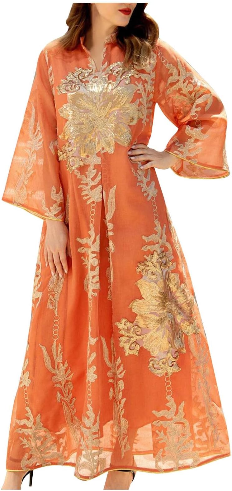 Abaya Dress for Women Muslim Kaftan Dresses Batwing Sleeved Beaded Chiffon Embroidered Elegant Dubai Moroccan Caftan Ramadan Party Wear Flower