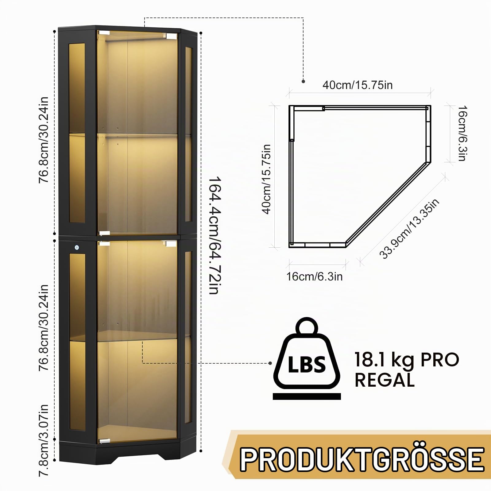Eckvitrine mit Glastüren, Tall 165cm Eck Bücherregal mit 3 Farben Led Beleuchtung, 4-Ebenen Vitrinenschrank, Sammlervitrine für Wohnzimmer Schlafzimmer Büro, Schwarz