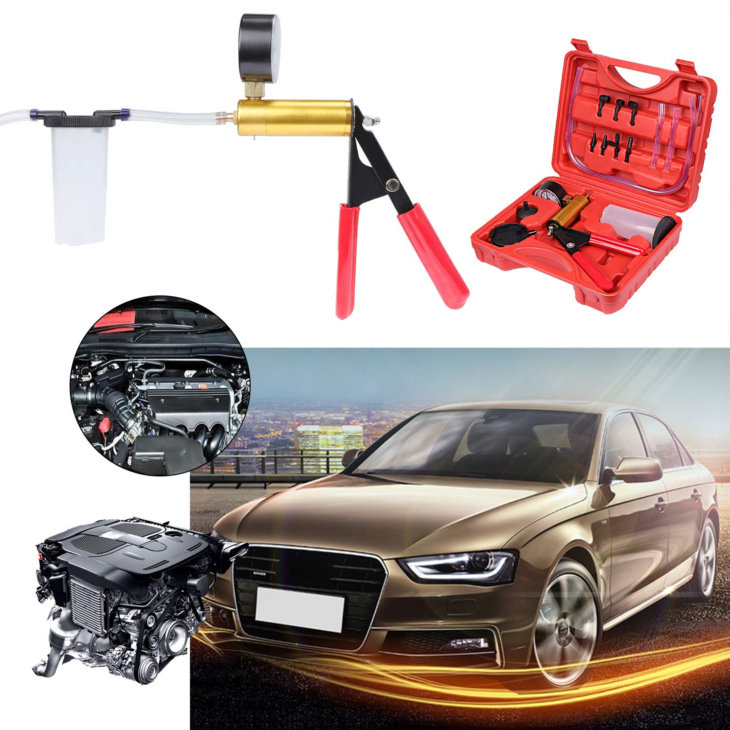 Tester per Pompa a Vuoto Kit Auto Freno di spurgo Freno con vacuometro per Adattatore per Veicoli, Camion e Moto