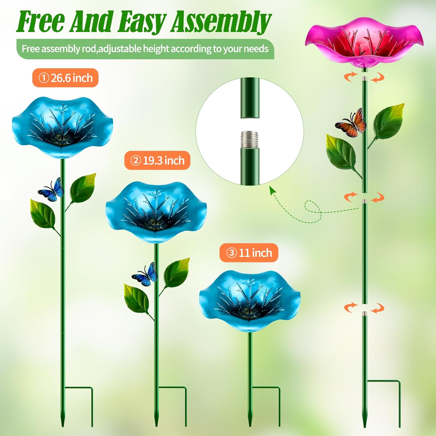 3 Pack Bird Bath for Outside, Metal Bird Baths for Outdoors Hummingbird Bird Bath & Bird Feeders with Stake, Flower Birdbaths Bowl for Garden Yard Lawn Decor-Adjustable Height