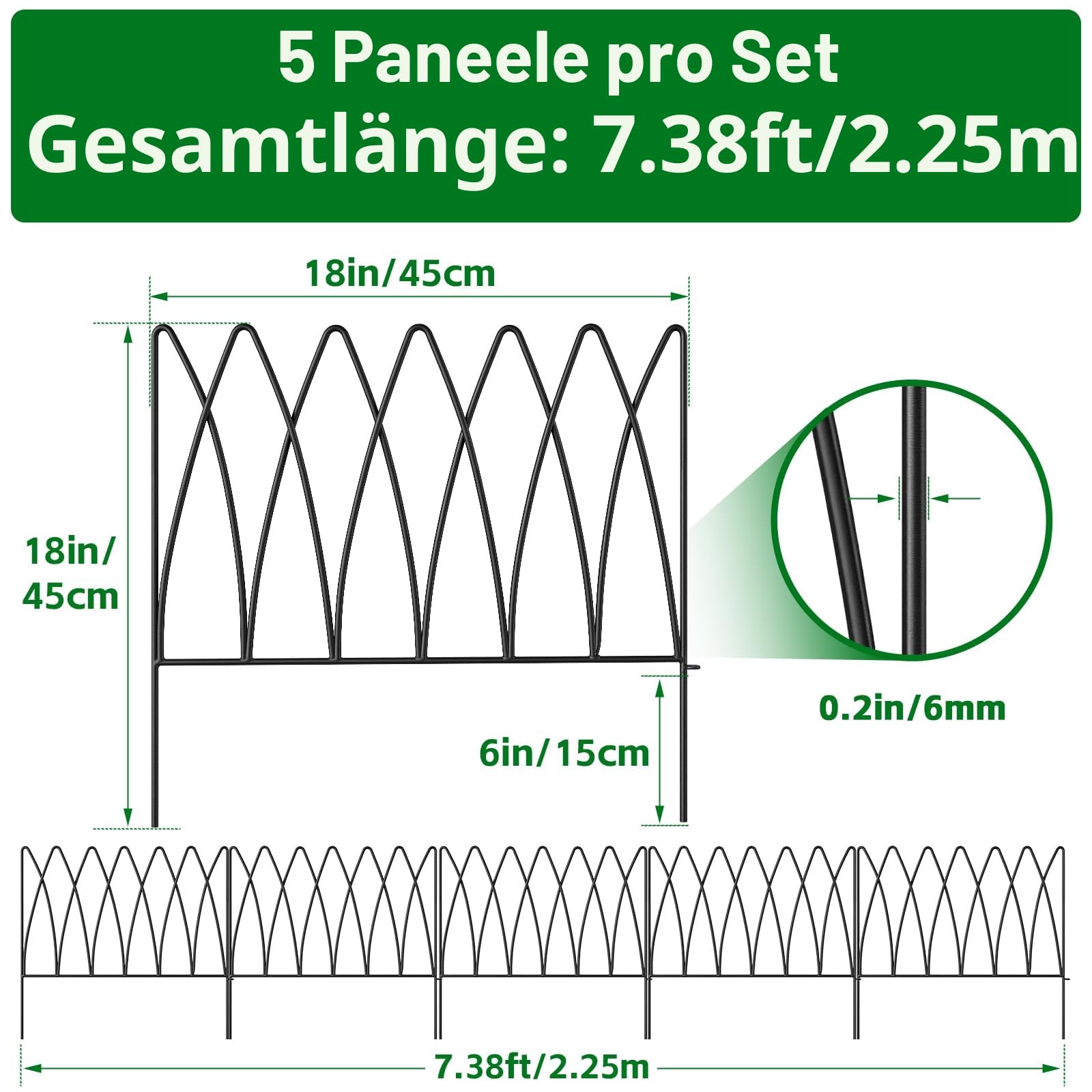 Thealyn Dekorative Metall Gartenzaun,45cm (H) x 2.25m (L),Metall Grenze