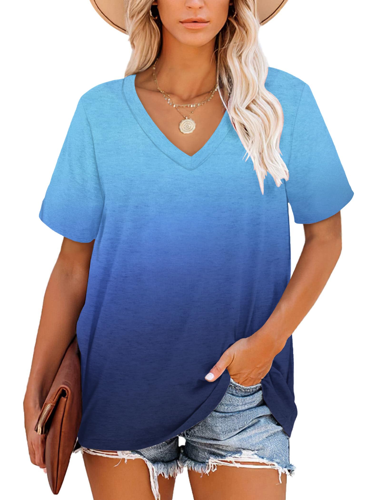 MOLERANI T Shirts for Women Tops Short Sleeve V Neck Striped Summer Tops Casual Loose Tee Gradient Blue 3XL