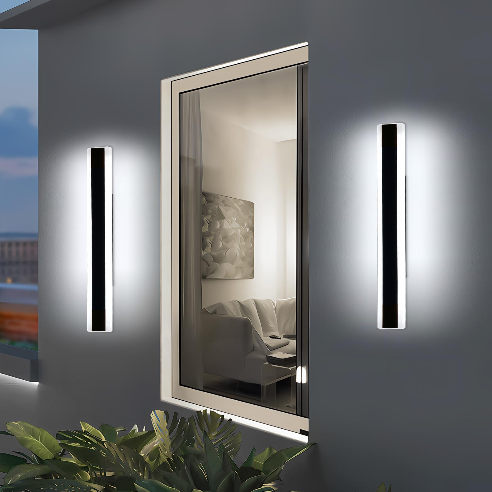 Mikeru 60cm Long Wall Light, 2 Pack Black Minimalist Porch Wall Light, 6500k Cool White Led Acrylic Wall Mounted Luminaire, IP65 Waterproof Outside Wall Sconce for Garage, Patio, Villa — view 6