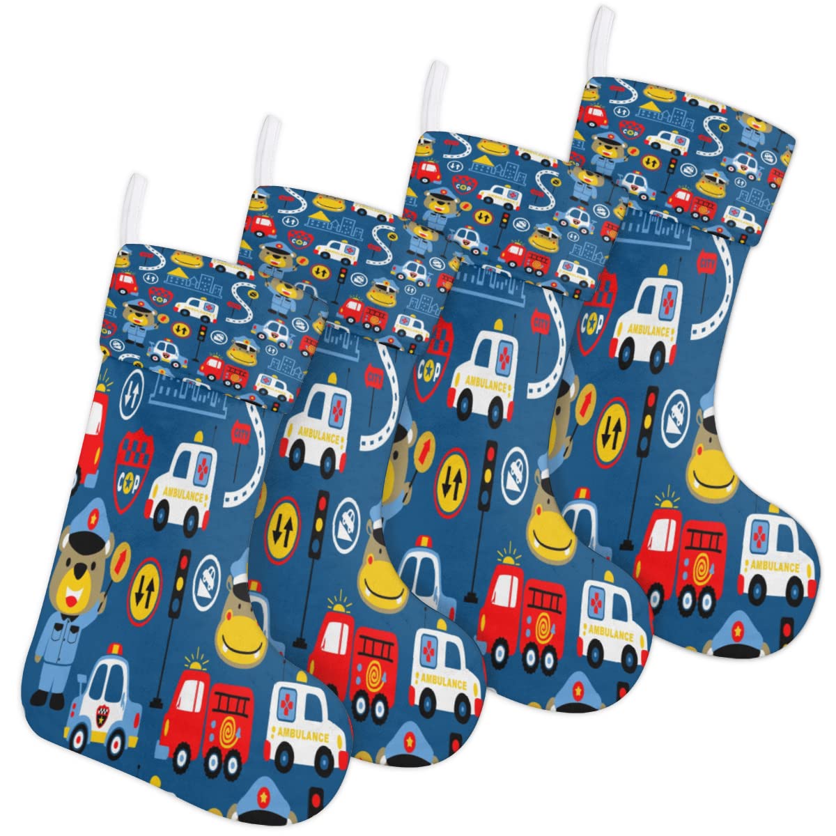Christmas Stockings 4 Pack 17.7 Inches Car Cartoon Animal Police Bear Large Xmas Stocking for Family Chrmas Tree, Fireplace Decorationist