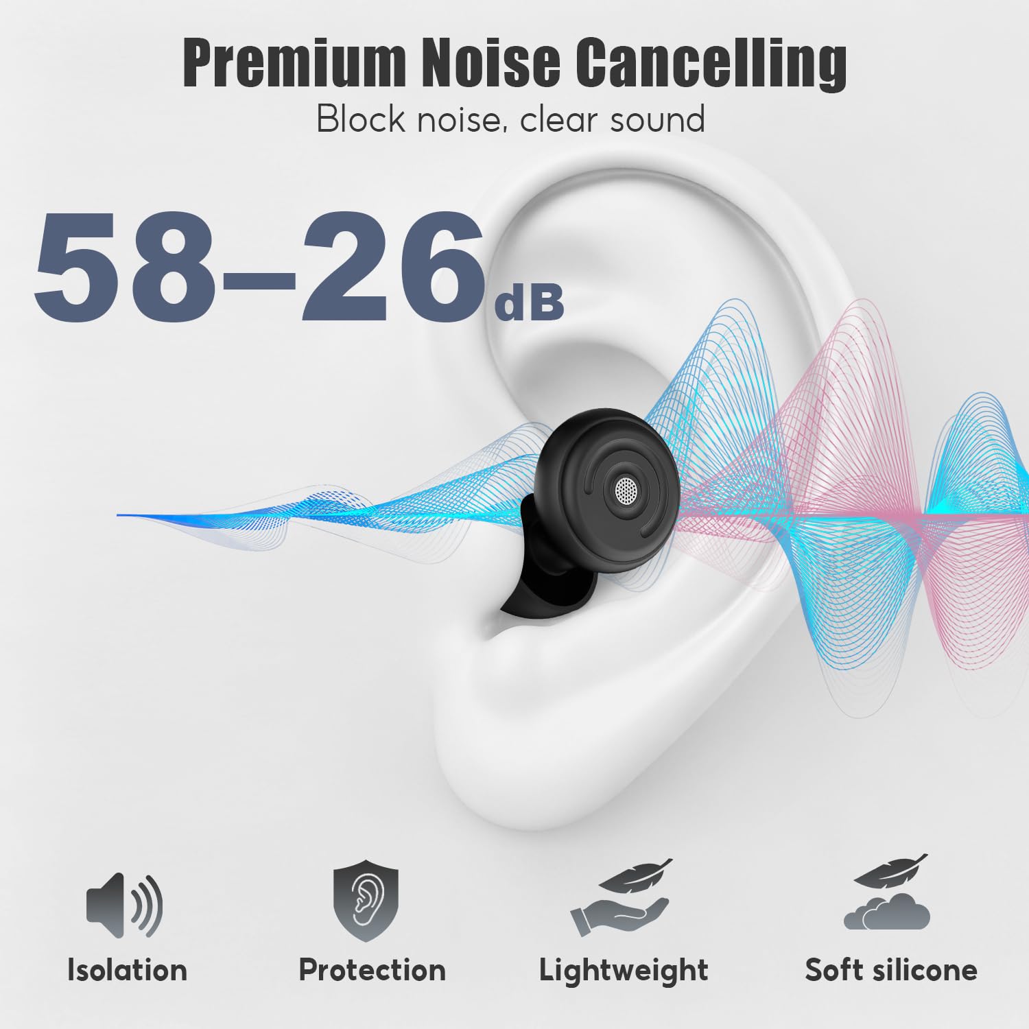 Tapones para los oídos con cancelación de ruido de 55 dB para dormir, tapones de silicona reutilizables para ronquidos, personas que duermen de lado y viajes en avión