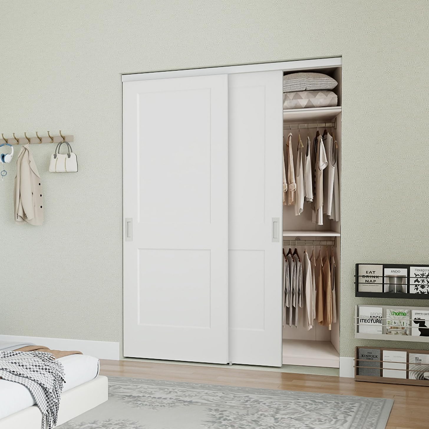 JUBEST 72x80 Inch White Primed 2-Panel Shaker Bypass Sliding Closet Door with Hardware - Pre-Drilled, Paintable, Warp-Resistant