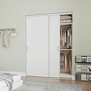 JUBEST 48 in. x 80in. Bypass Closet Door, Flat 2 Panel Shaker Style White Primed Bypass Sliding Closet Door, Interior Doors with Hardware Kits Include, Pre-drilled, Paintable