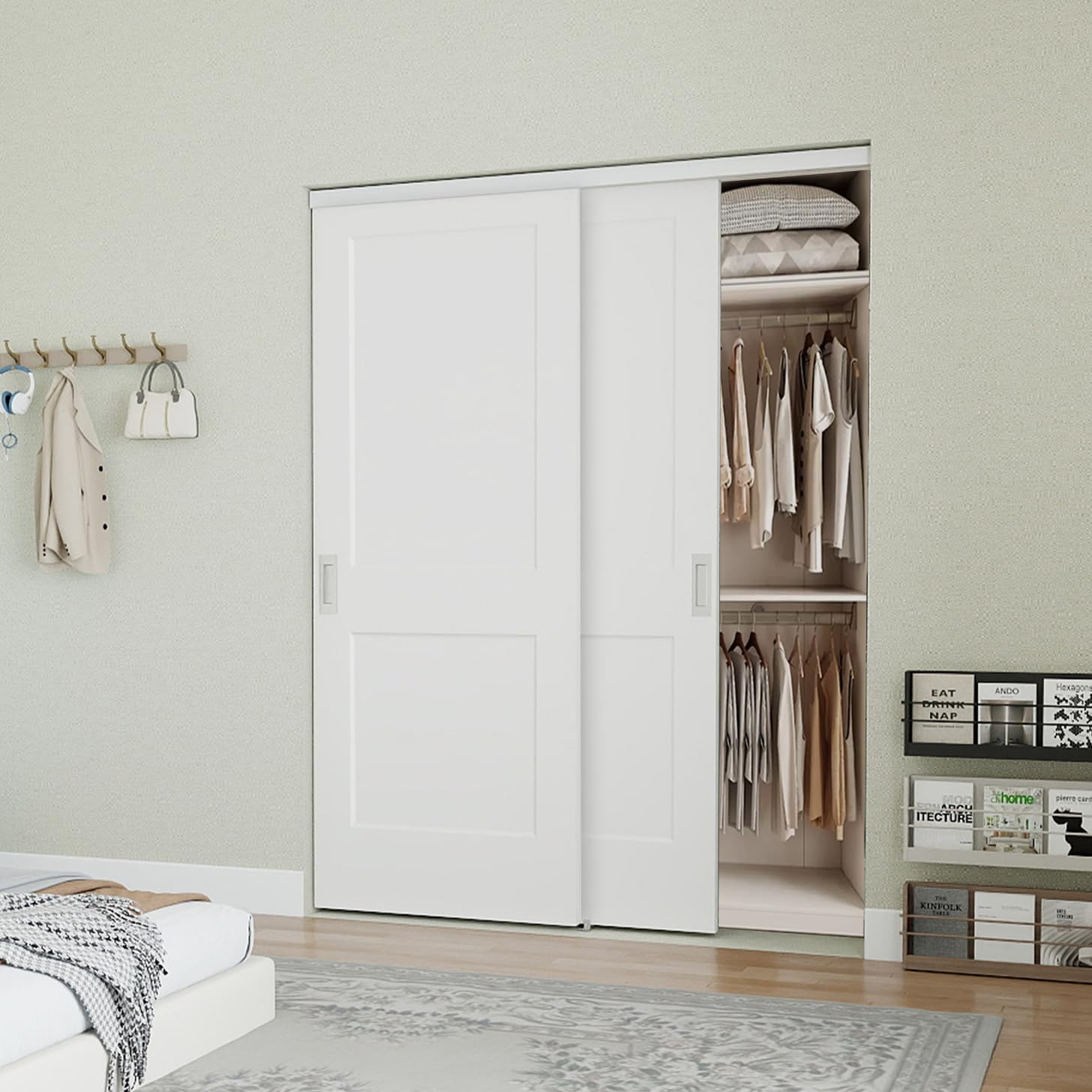 jubest 60in. x 80in. bypass closet door, flat 2 panel shaker style white primed bypass sliding closet door, interior doors with hardware kits include, pre-drilled, paintable