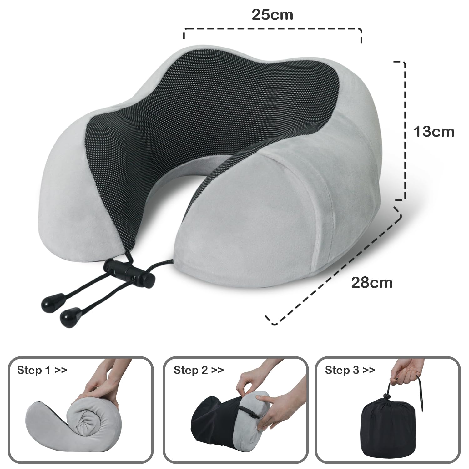 Cuscino da Viaggio, Cuscino Aereo Viaggio Memory Foam, Cuscino Cervicale da Viaggio Travel Neck Pillow con Maschera per Dormire e Tappi per le Orecchie per L'ufficio Dell'auto Dell'aereo - Grigio