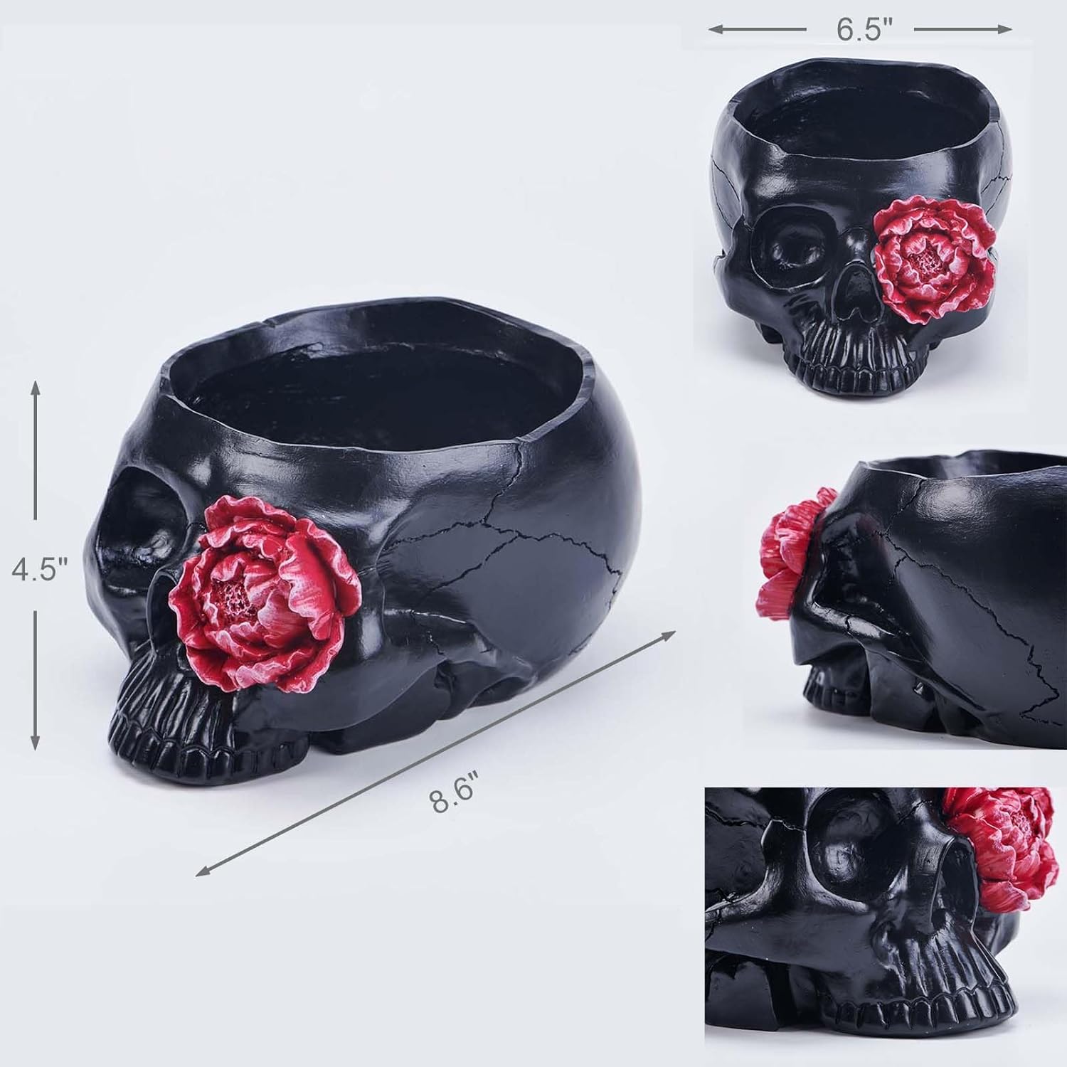 Skull-Planter Gothic Home-Decor - Black Room Decor Head Planter Skull Decor Flower Pot Succulent Pot with Drainage Halloween Candy Bowl (Plants or Candies are not Included)