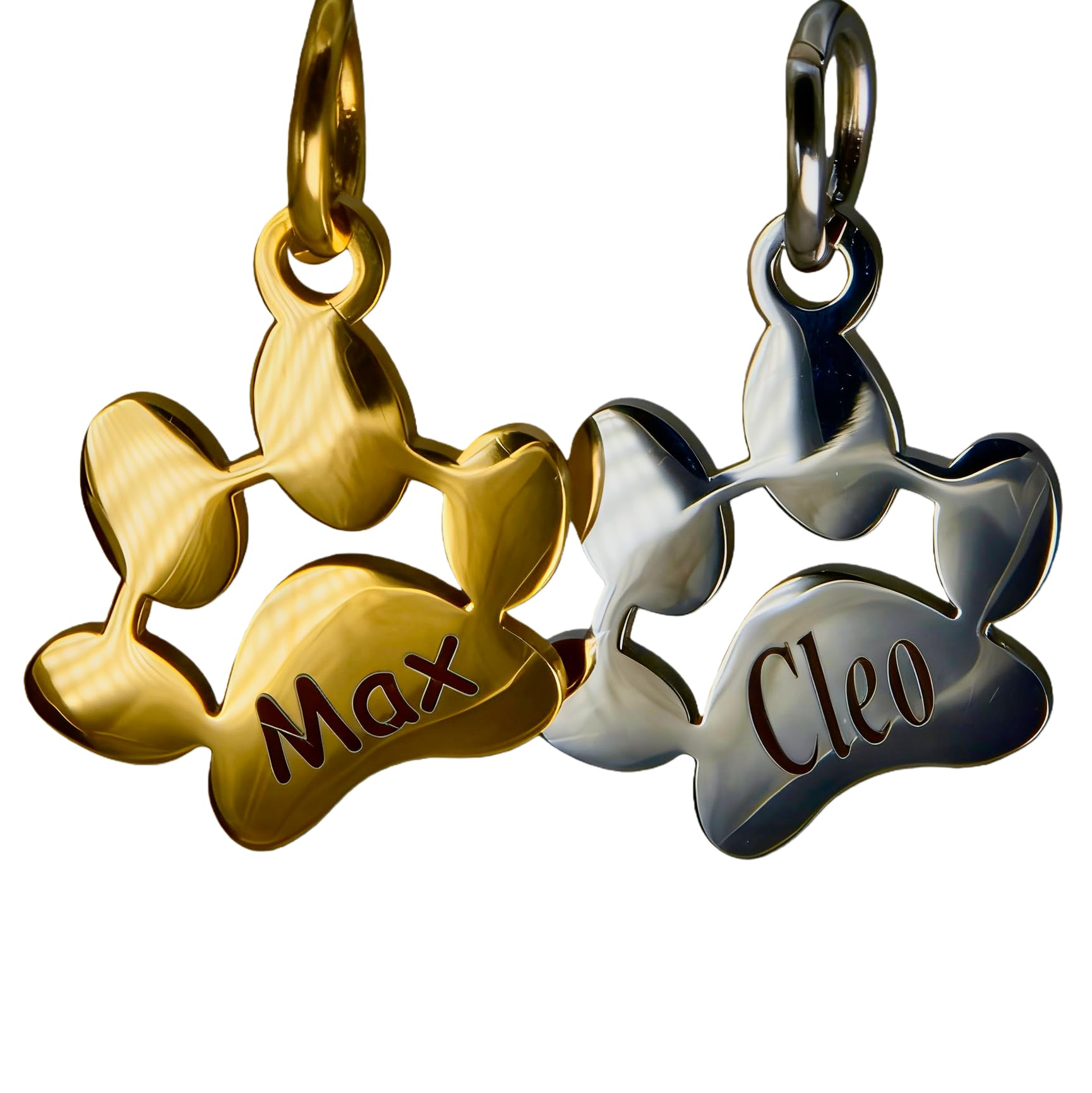 CEMULA Personalised Cat ID Tag Pendant, Mirror-Polished Stainless Steel Paw Tag, Custom Laser Engraved Name & Phone, Lightweight Necklace Cord for Cats, Gift Box (Silver/Gold) (Gold)