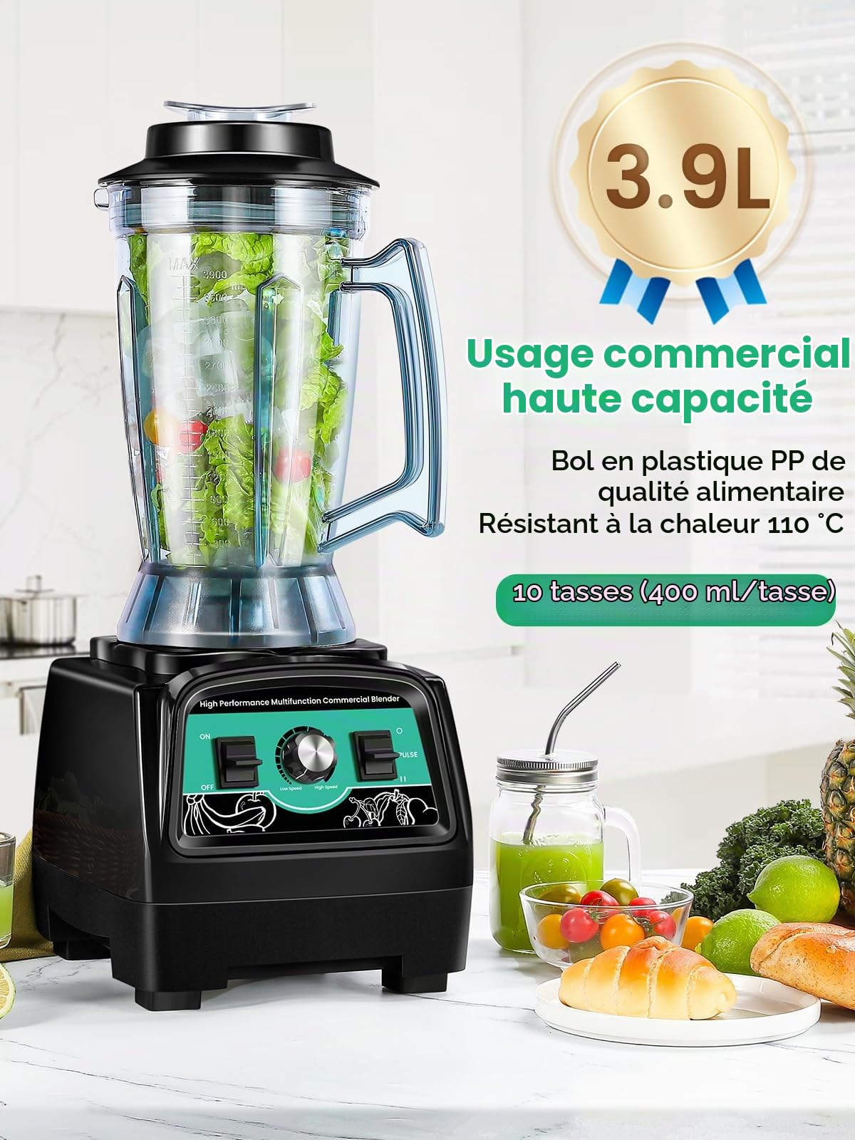 Huanyu Mixeur Smoothie Maker Mixeur haute vitesse de grande capacité 3,9 litres Mélangeur multifonctionnel commercial de 2800W pour piler la glace, le jus, le smoothie, le milkshake et le lait de soja