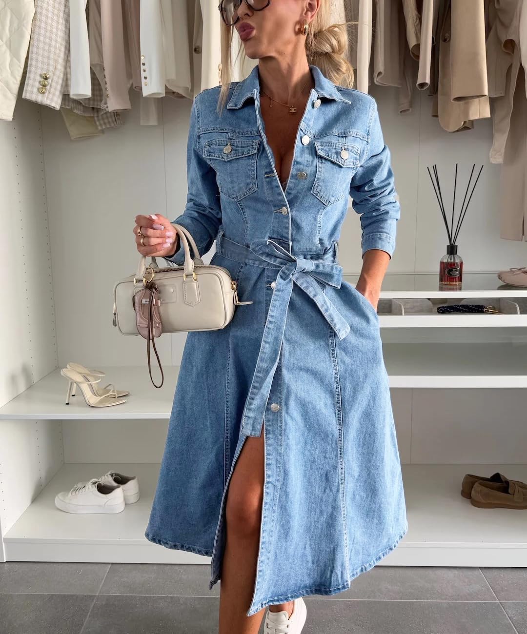 chouyatou Women's 2025 Long Sleeve Belted Denim Shirt Dress A-Line Business Casual Midi Long Denim Coat - Image 5