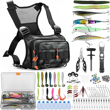 All in One Fishing Chest Pack Tackle Bag with Tackle Box, Fishing Lures Kit