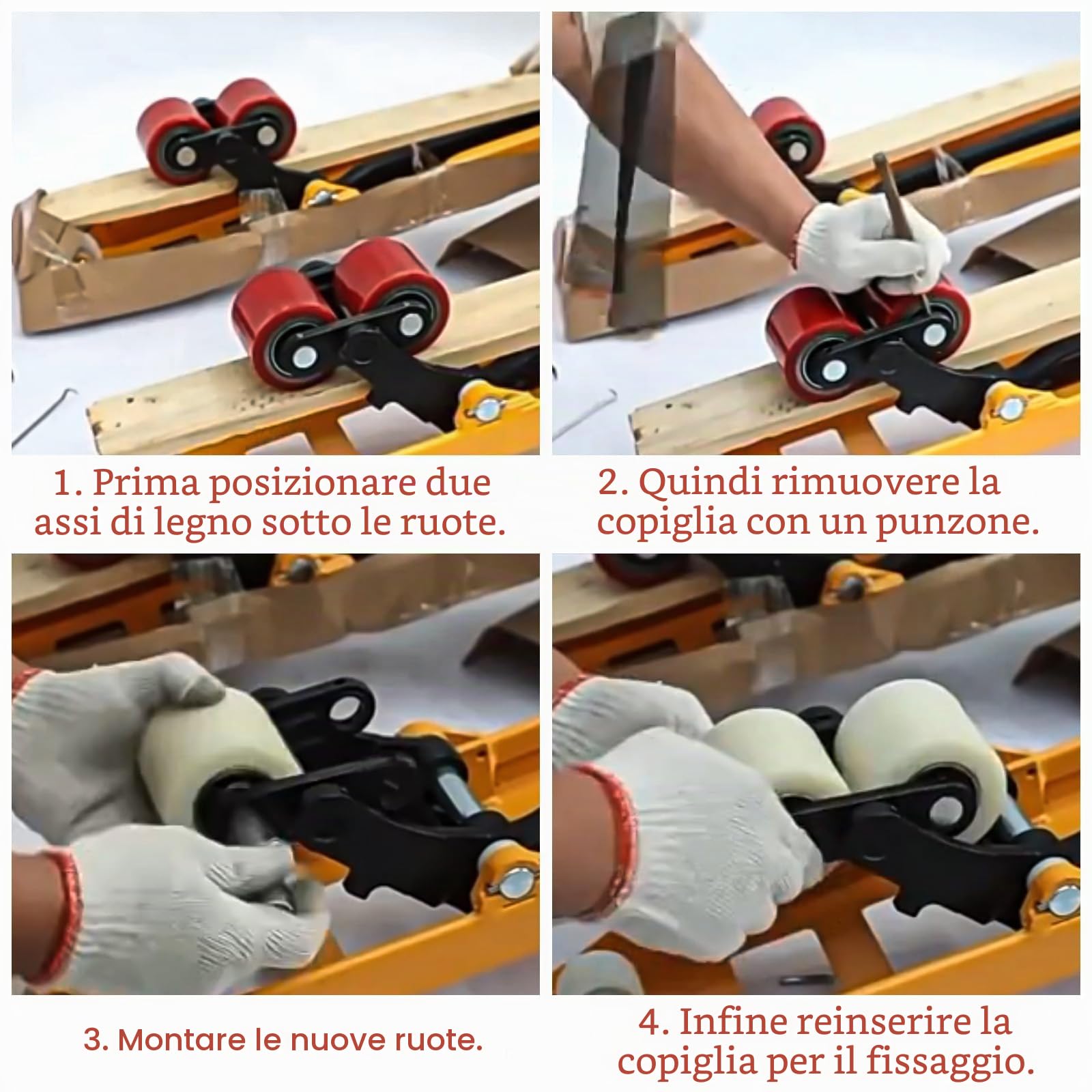 Set di 4 ruote per carrello portapallet in poliuretano 80 x 70 mm, asse 20 mm con cuscinetti a sfera per sostituire le ruote del carrello portapallet, carico massimo 600 kg