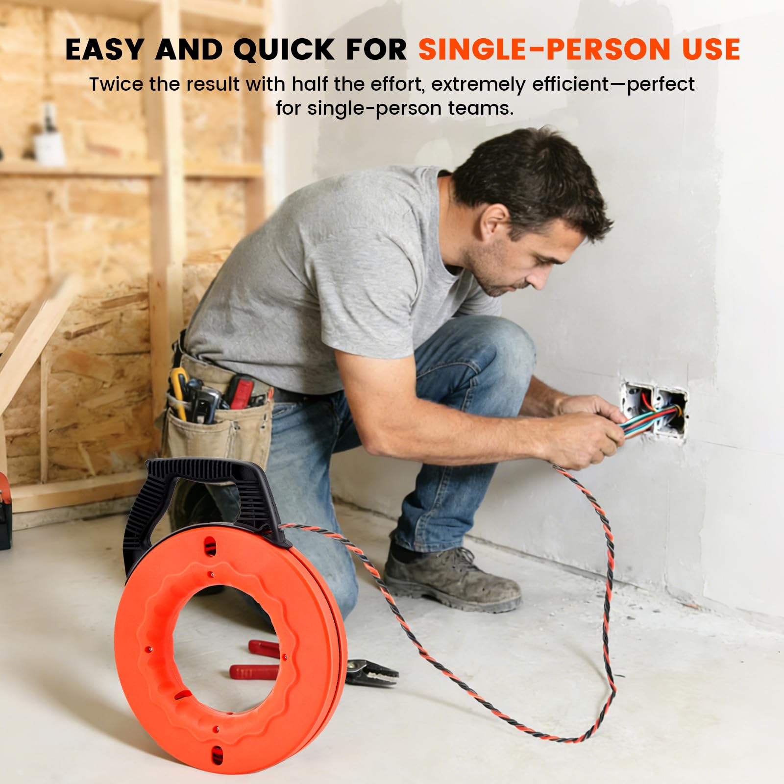 Guía Pasacables 30m, Enhebrador de Alambre Electrico Diámetro 5 mm, Sonda Guía para Electricista con 2 Muelles de Guía, con Mango, Herramienta para Pasar Cables en Instalaciones Eléctricas (Naranja)
