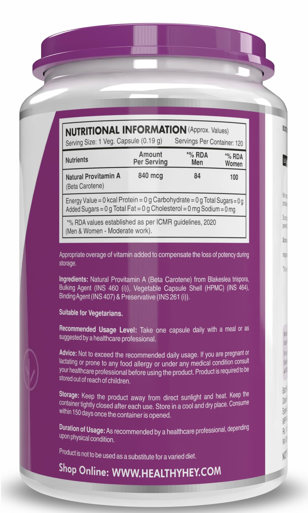 HealthyHey Nutrition Natural Vitamin A from Beta Carotene | Non-Synthetic | Non-GMO | -120 Veg Capsules