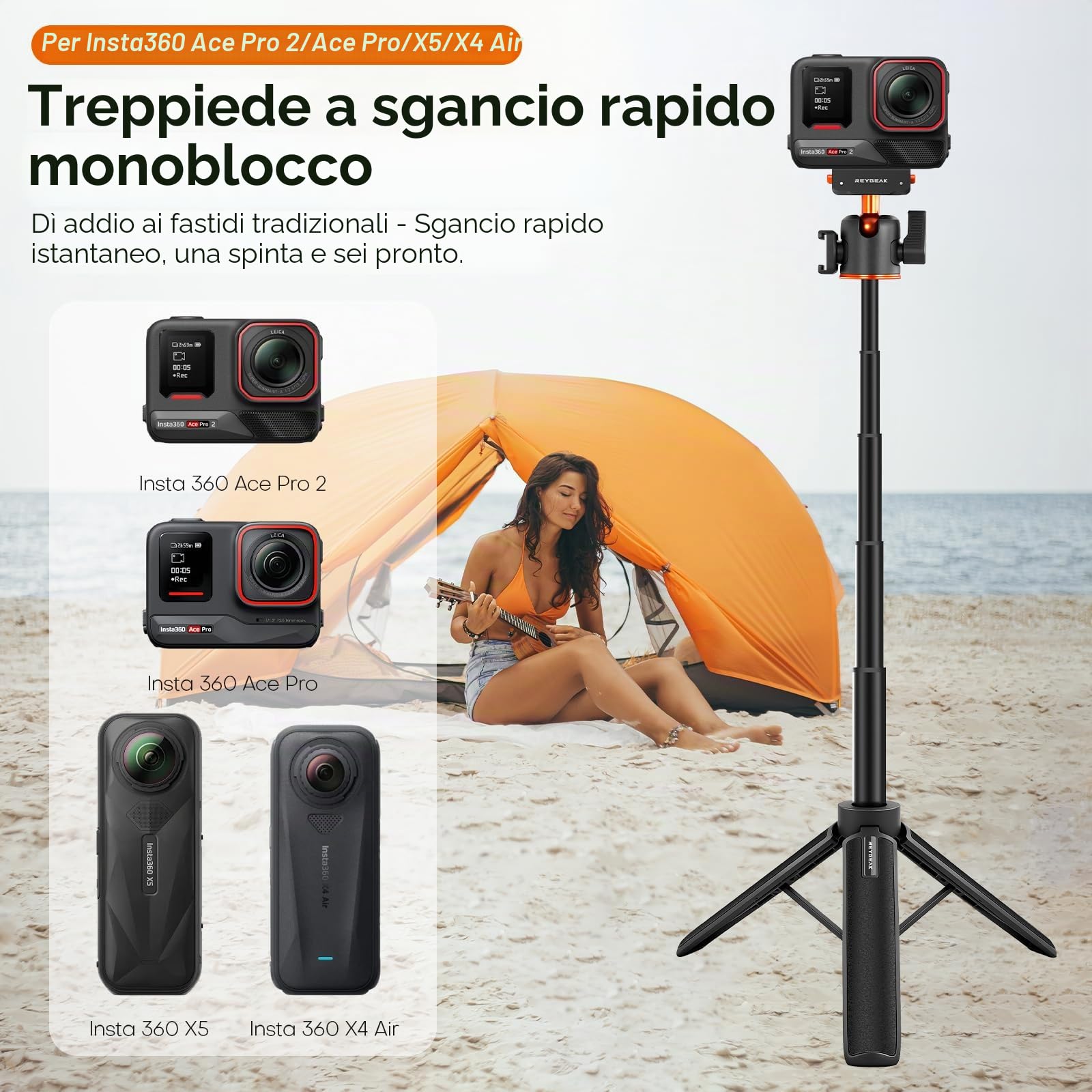 REYGEAK 55cm Treppiede Estensibile Selfie Stick per Insta360 X5/X4 Air/Ace Pro 2, con Scarpa Fredda e Adattatore a Sgancio Rapido per Montaggio Insta360