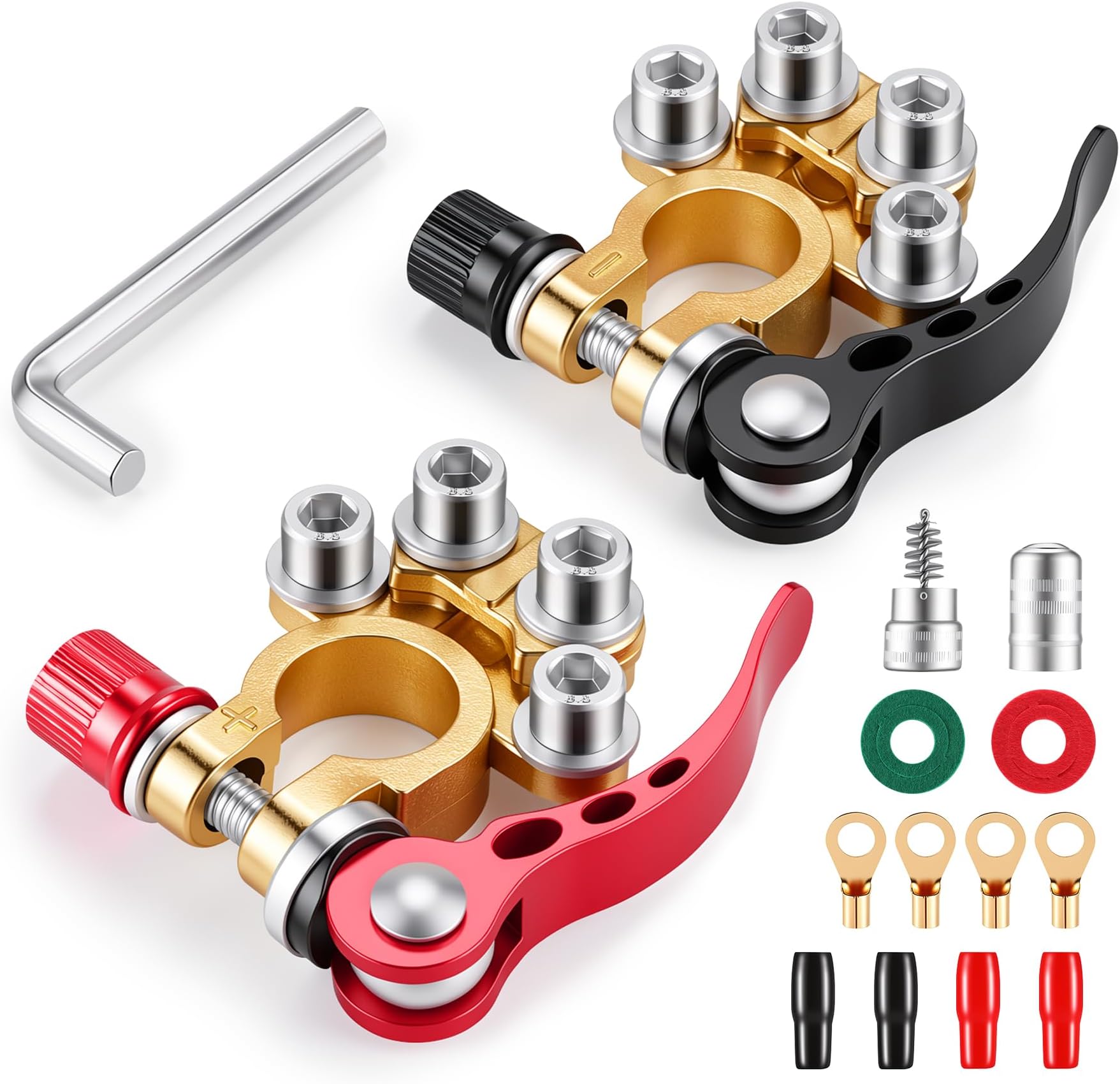 SINGARO Car Battery Terminal Connector, 4 Way Positive and Negative Pole Quick Release Terminal Clip, Applicable to SAE/JIS A Type Terminal Post, Compatible with Cars, Trucks and More(Gold-A)
