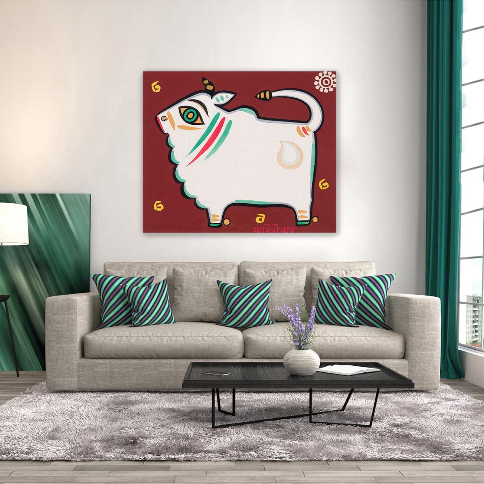 Famosos Carteles e Impresiones de Jamini Roy-Reproducciones de Pinturas en Lienzo-'Toro Sagrado'Arte de la pared Cuadros póster impresión decoración 40x48cm(16x19in)Enmarcado